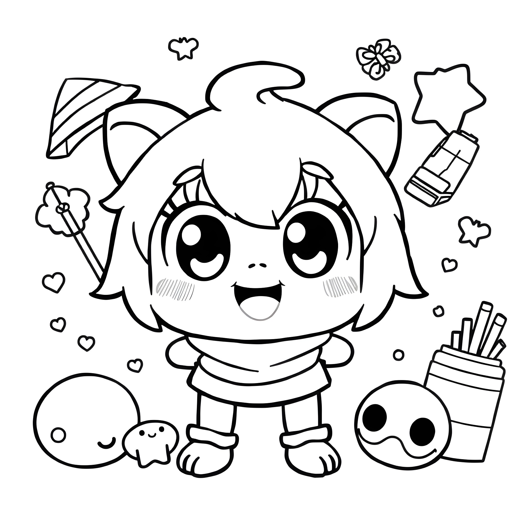 Biboo's happy and playful art supplies party Coloring Page (free black-and-white line drawing printable PDF for all, from beginners to advanced learners, including children, teens, adults, and seniors)