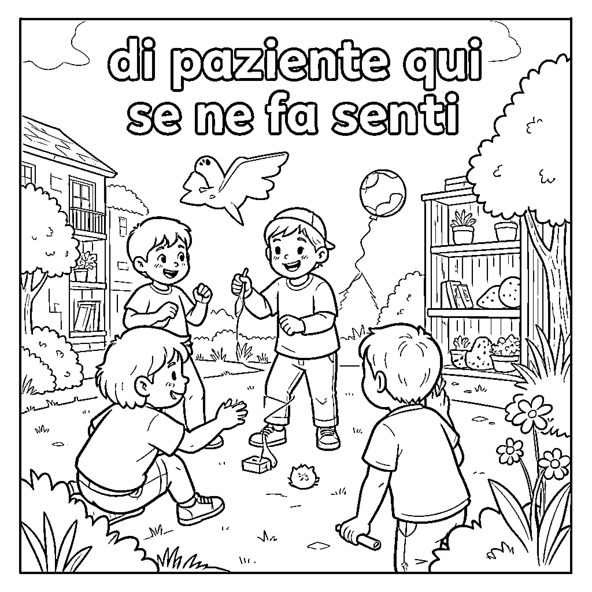 Gioco di bambini che si divertono all'aperto Coloring Page (free black-and-white line drawing printable PDF for all, from beginners to advanced learners, including children, teens, adults, and seniors)