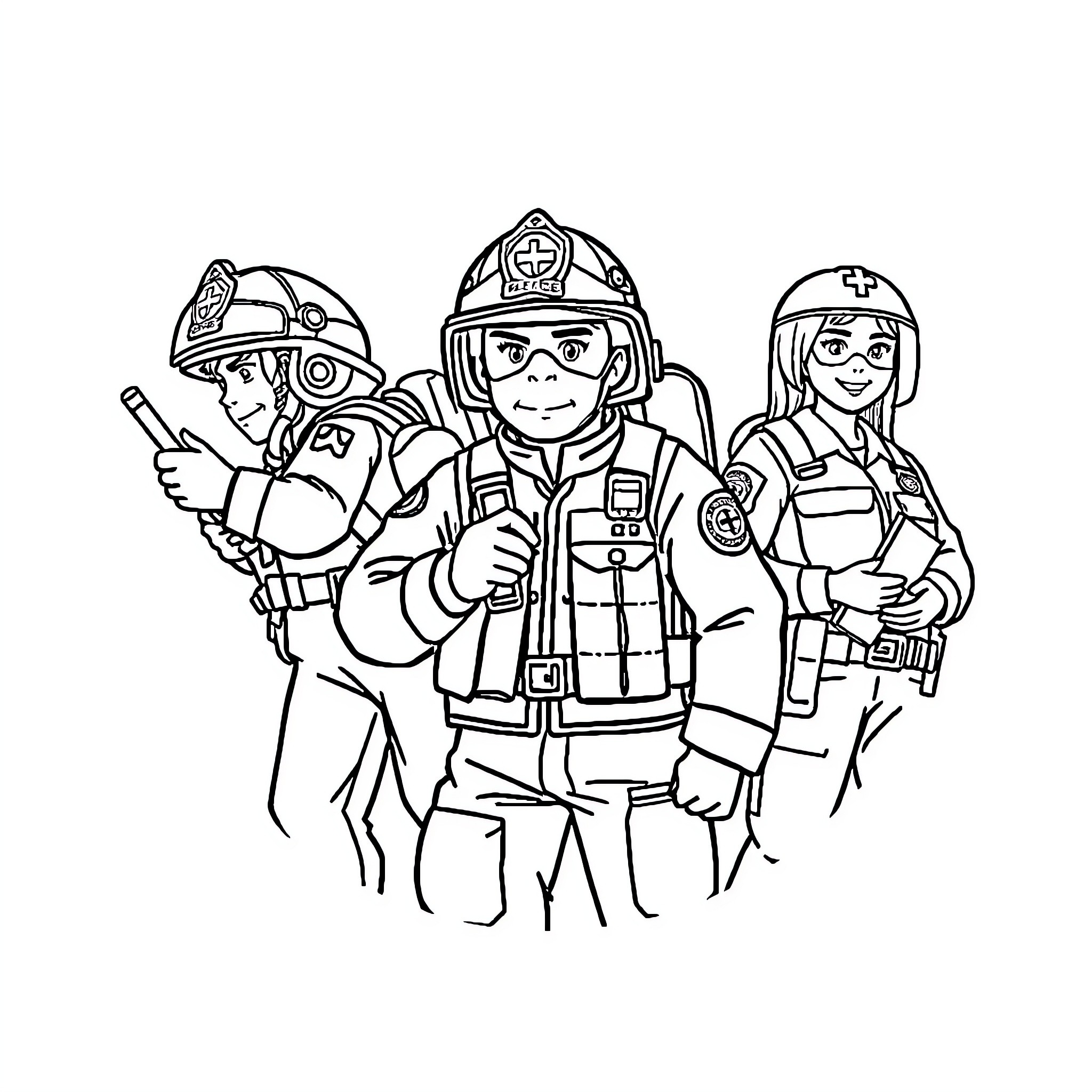 Hero Firefighters Ready for Action Coloring Page (free black-and-white line drawing printable PDF for all, from beginners to advanced learners, including children, teens, adults, and seniors)