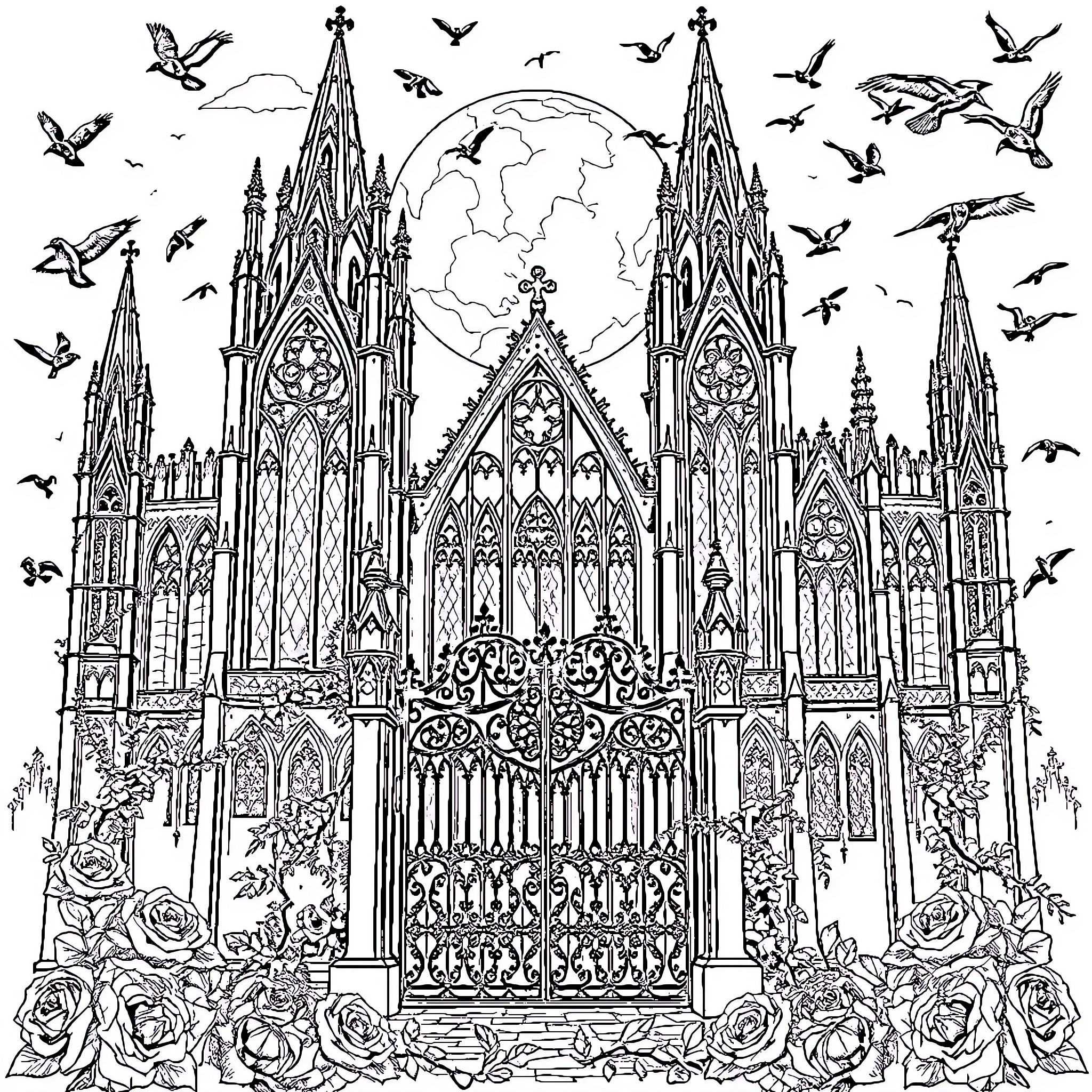 Cathedral with Gothic architecture and flying birds Coloring Page (free black-and-white line drawing printable PDF for all, from beginners to advanced learners, including children, teens, adults, and seniors)