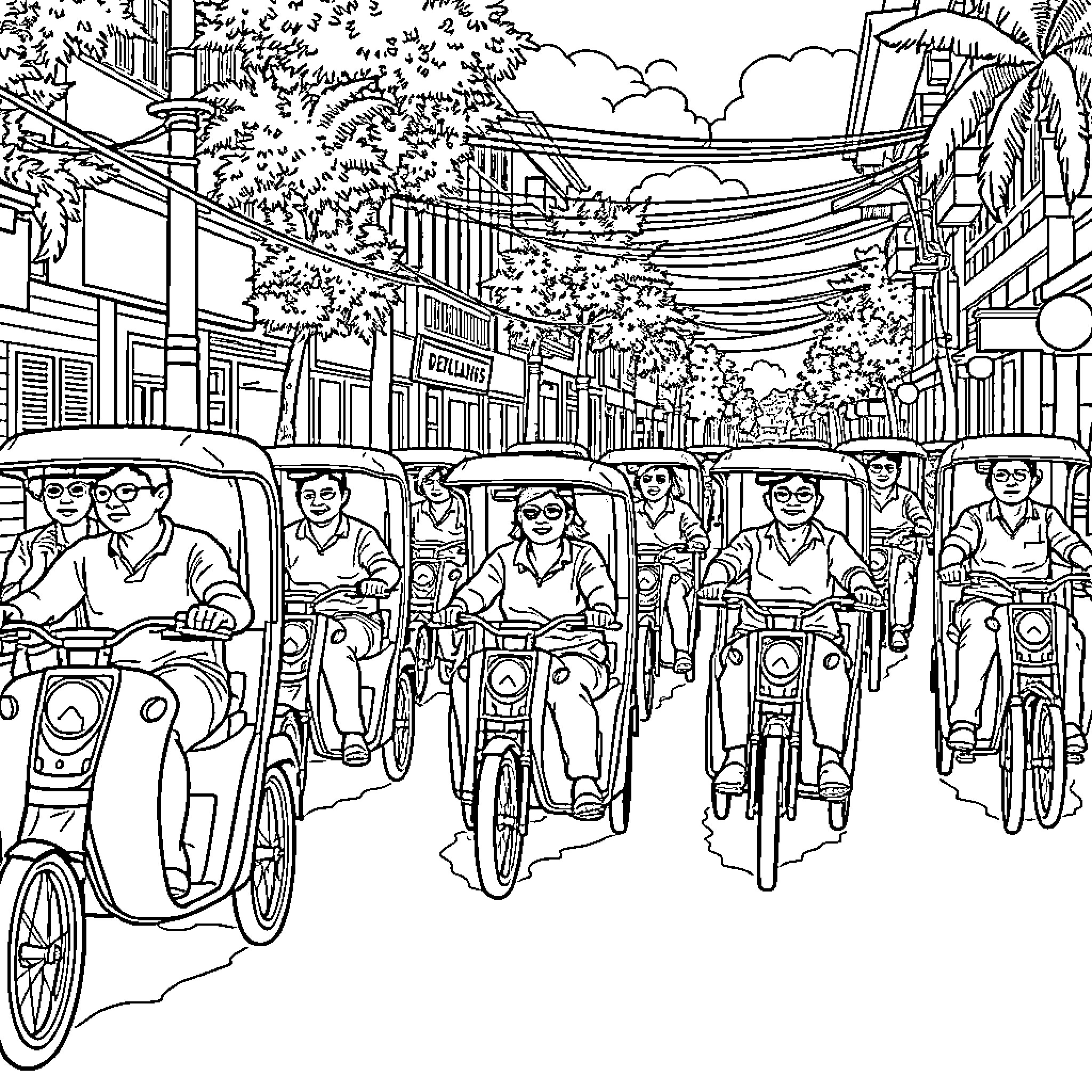 Tricycle race in a bustling city street Coloring Page (free black-and-white line drawing printable PDF for all, from beginners to advanced learners, including children, teens, adults, and seniors)