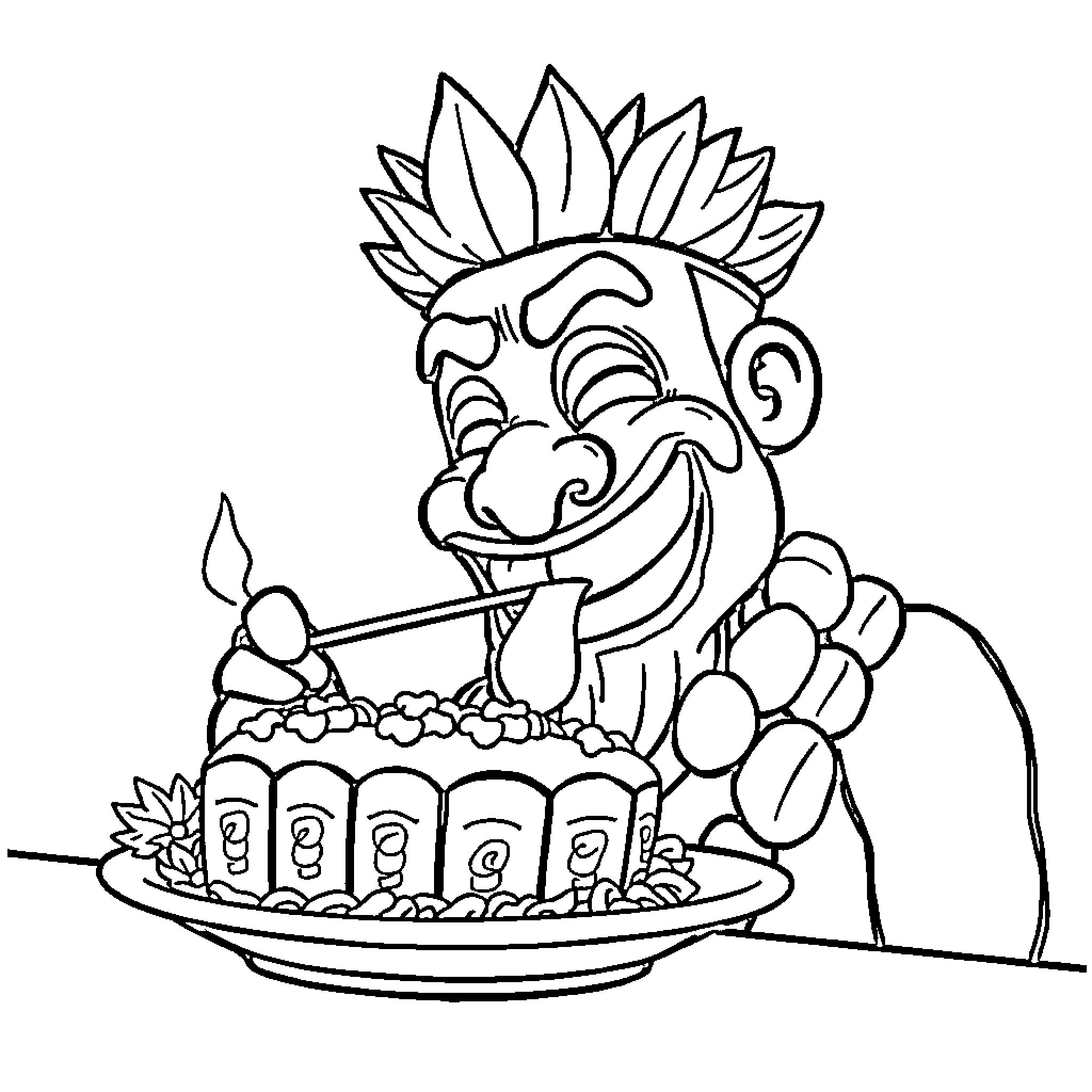 Tiki Man Holding a Cake and Smiling Coloring Page (free black-and-white line drawing printable PDF for all, from beginners to advanced learners, including children, teens, adults, and seniors)