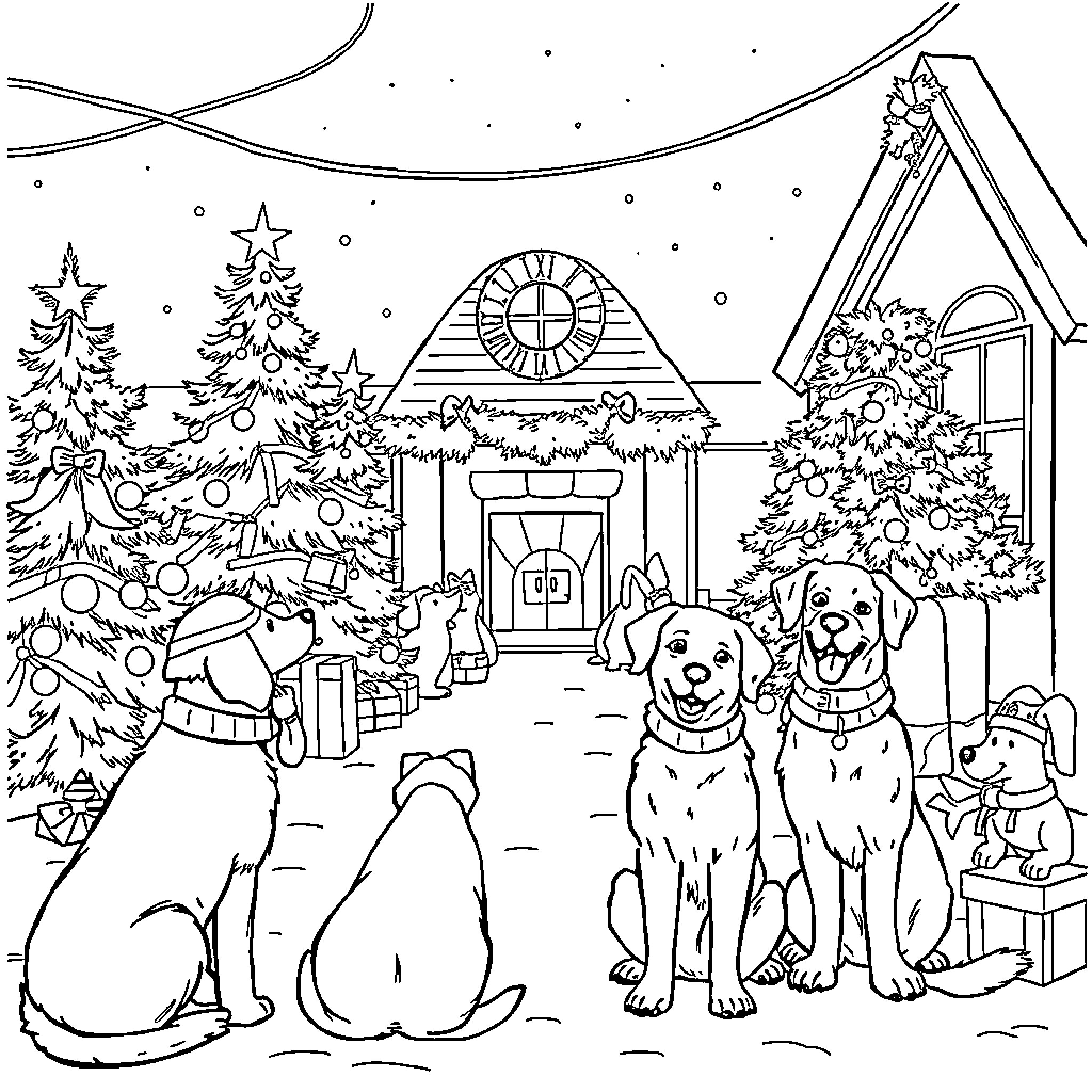 Humane Society Animals Enjoying Festive Outdoor Scene Coloring Page (free black-and-white line drawing printable PDF for all, from beginners to advanced learners, including children, teens, adults, and seniors)