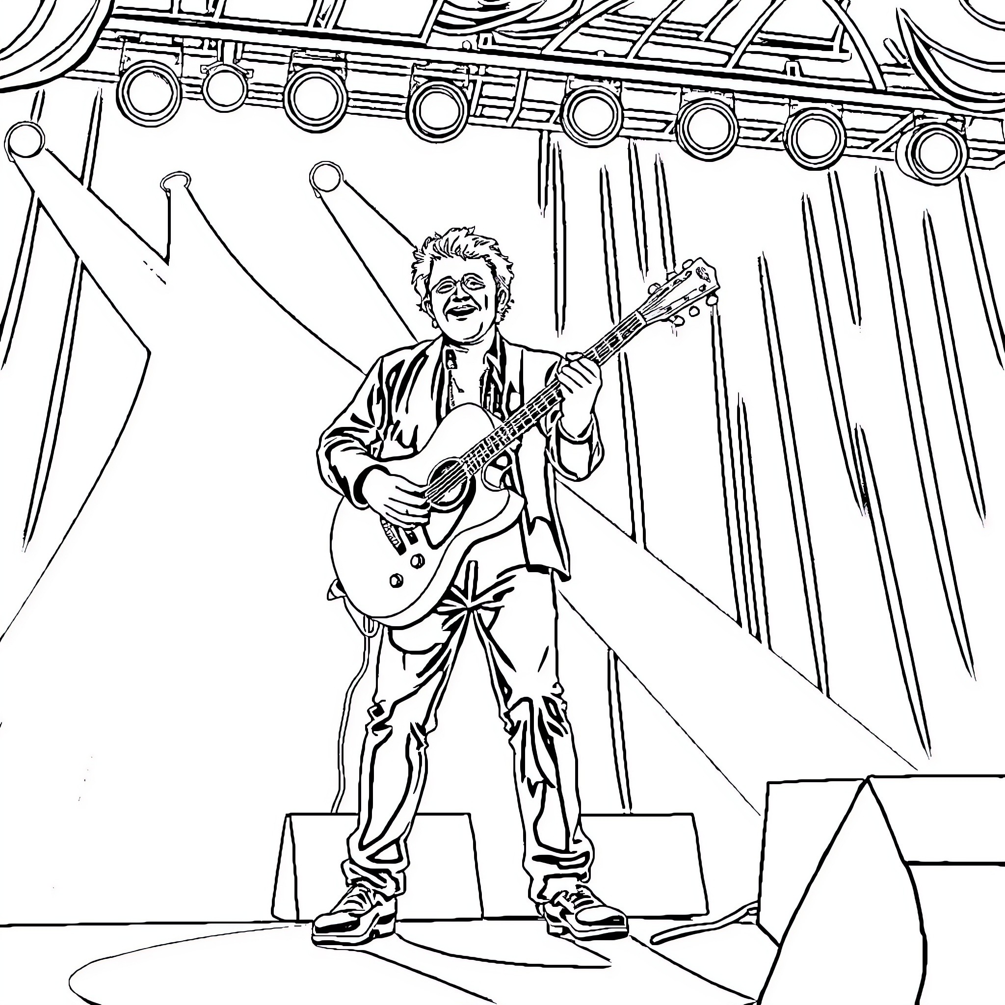 Chappell Roan Performing Energetically on Stage Coloring Page (free black-and-white line drawing printable PDF for all, from beginners to advanced learners, including children, teens, adults, and seniors)