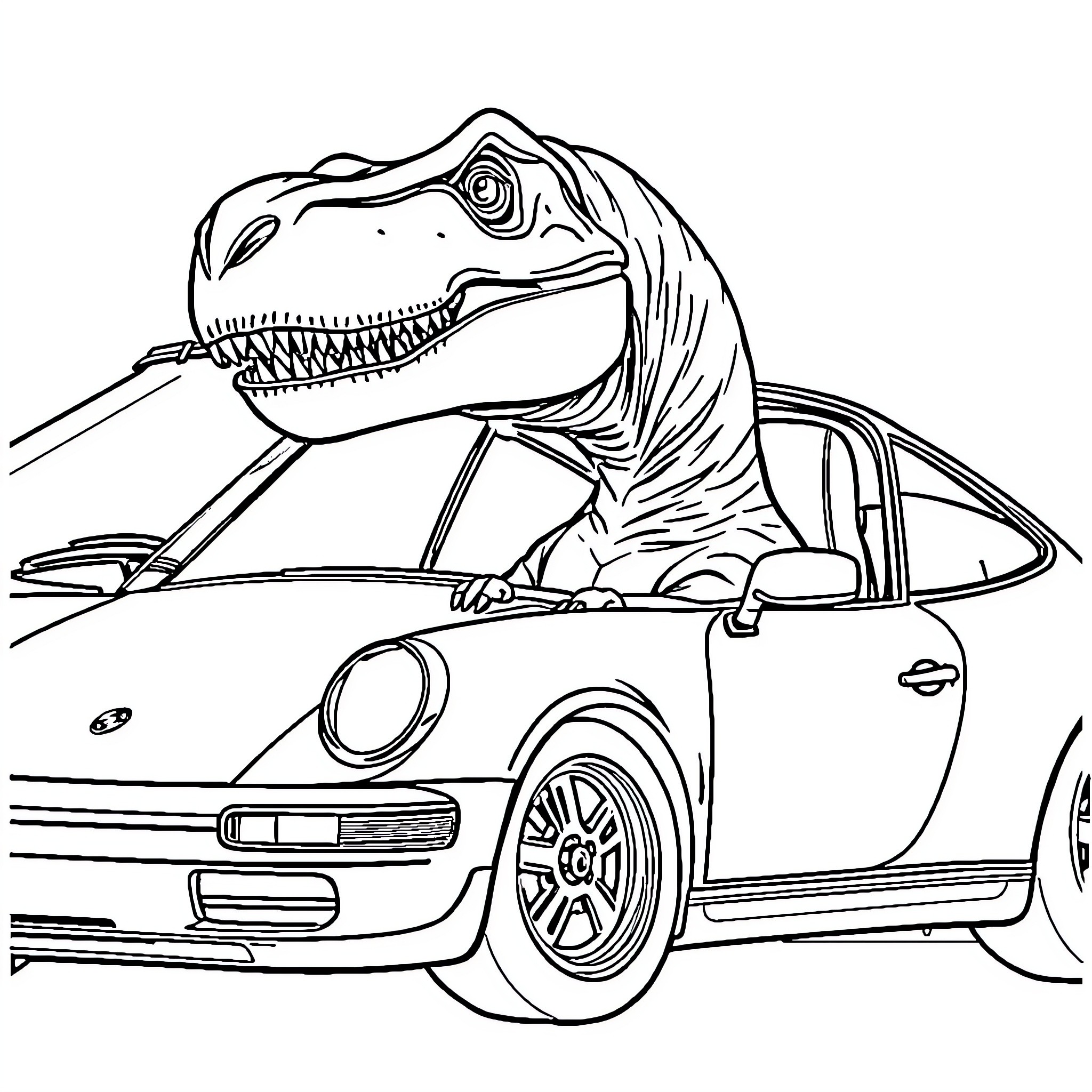 T-Rex riding a sports car with excitement Coloring Page (free black-and-white line drawing printable PDF for all, from beginners to advanced learners, including children, teens, adults, and seniors)