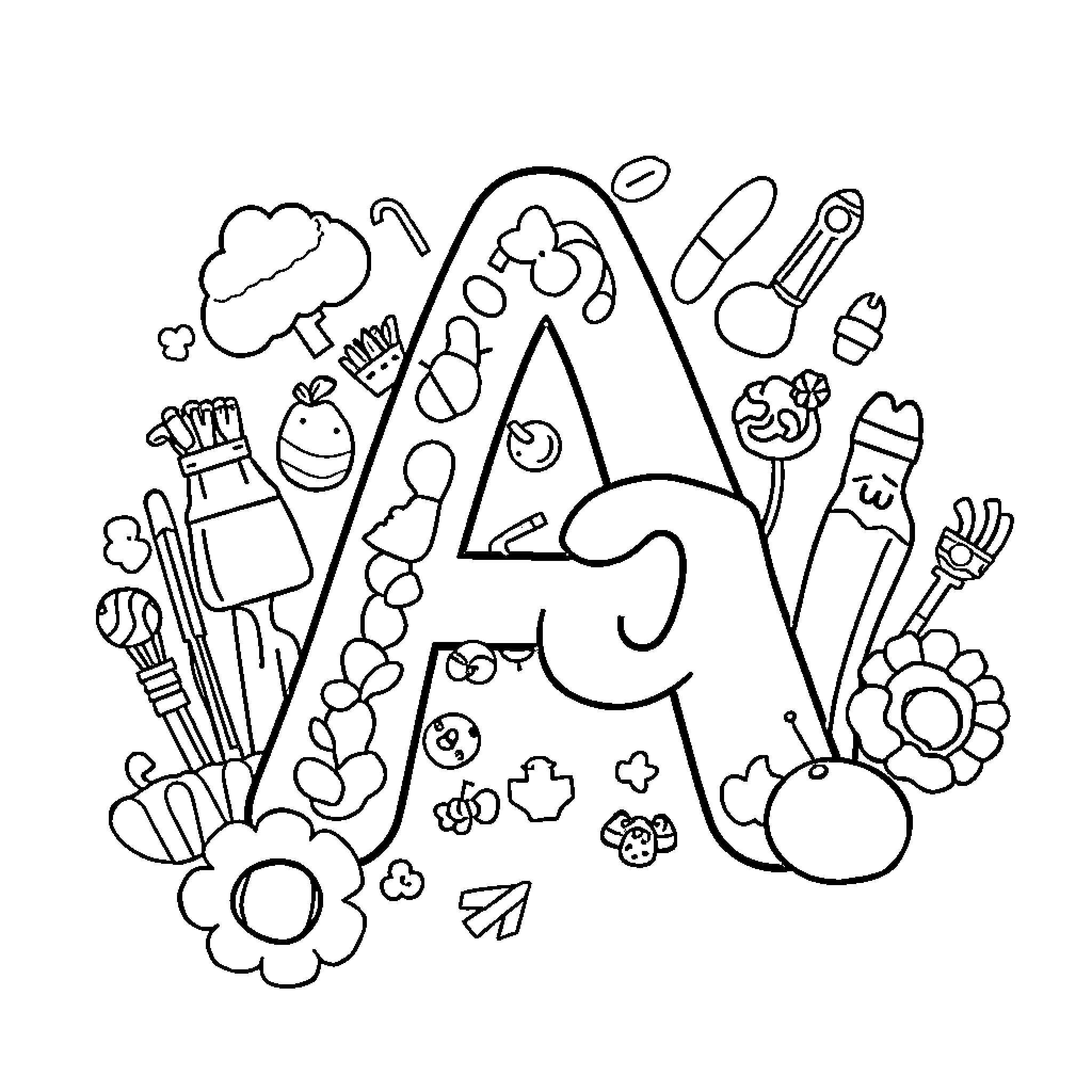 Letter A Surrounded by Various Objects Coloring Page (free black-and-white line drawing printable PDF for all, from beginners to advanced learners, including children, teens, adults, and seniors)