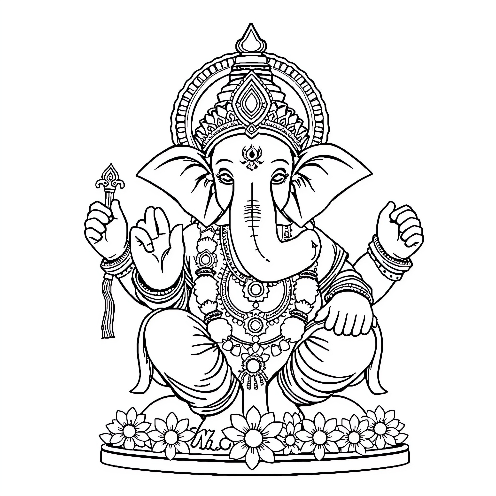 Ganpati Idol with Ornate Attire and Floral Accents Coloring Page (free black-and-white line drawing printable PDF for all, from beginners to advanced learners, including children, teens, adults, and seniors)