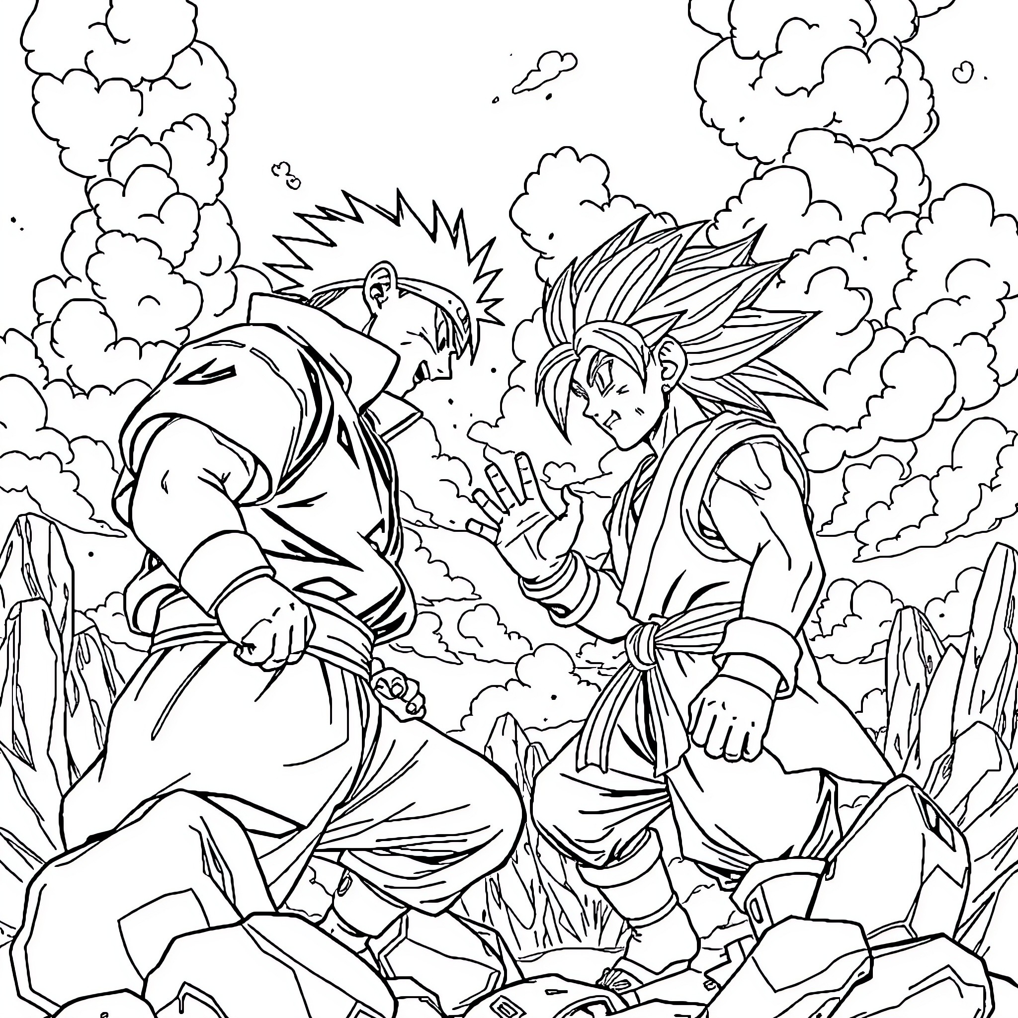 Naruto characters in fierce battle with dramatic poses Coloring Page (free black-and-white line drawing printable PDF for all, from beginners to advanced learners, including children, teens, adults, and seniors)
