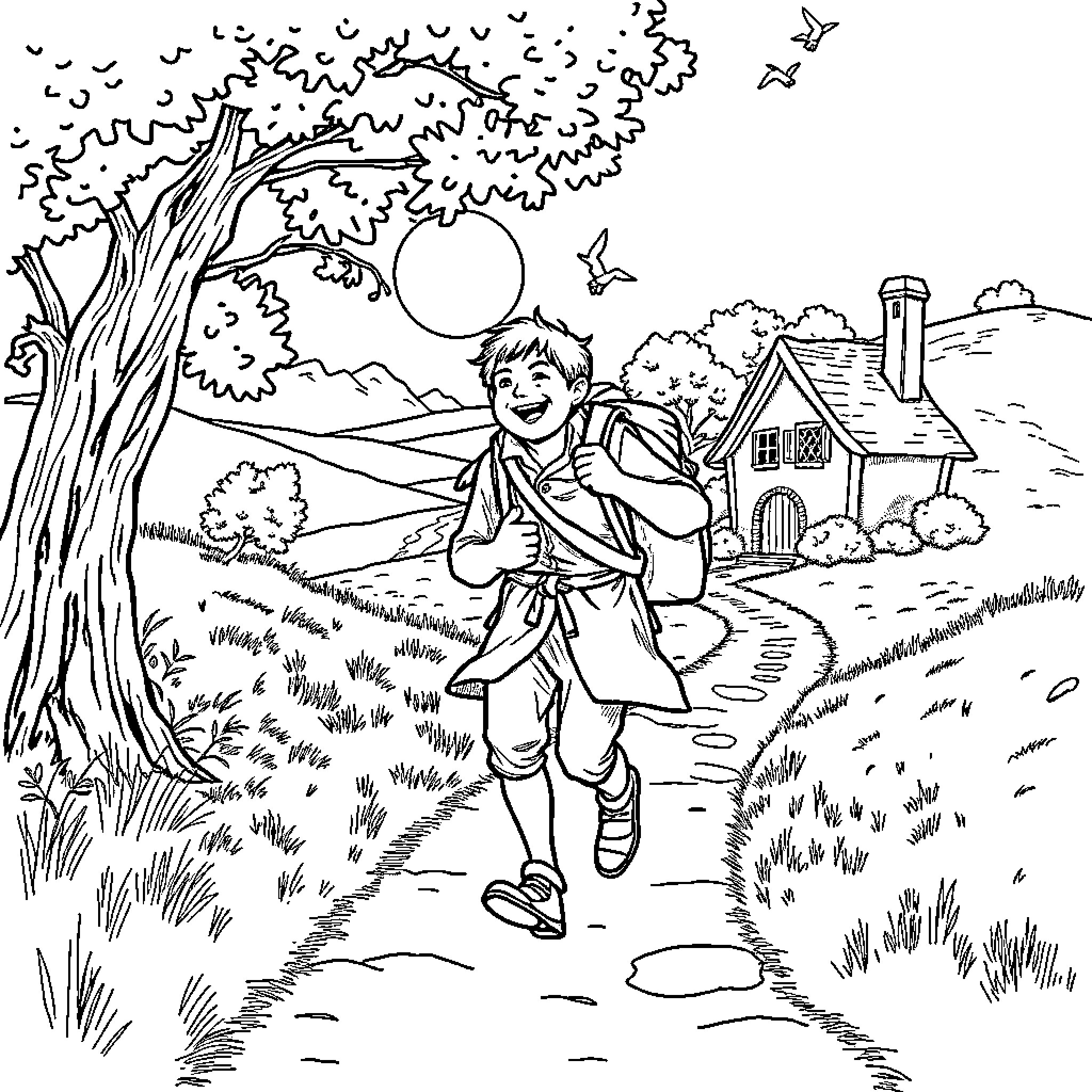 Bilbo Baggins embarking on an adventure in the countryside Coloring Page (free black-and-white line drawing printable PDF for all, from beginners to advanced learners, including children, teens, adults, and seniors)