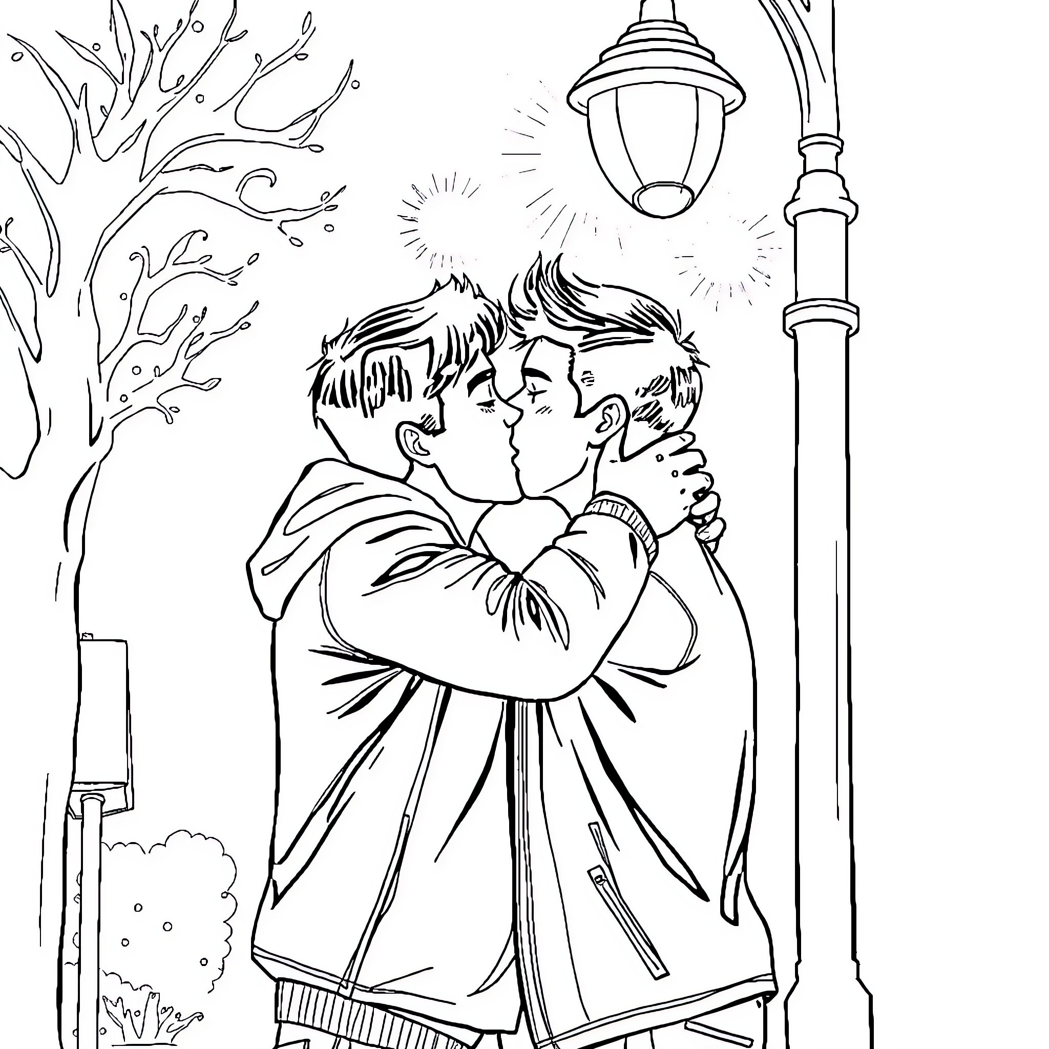Steve and his friend sharing a warm embrace under the streetlight Coloring Page (free black-and-white line drawing printable PDF for all, from beginners to advanced learners, including children, teens, adults, and seniors)