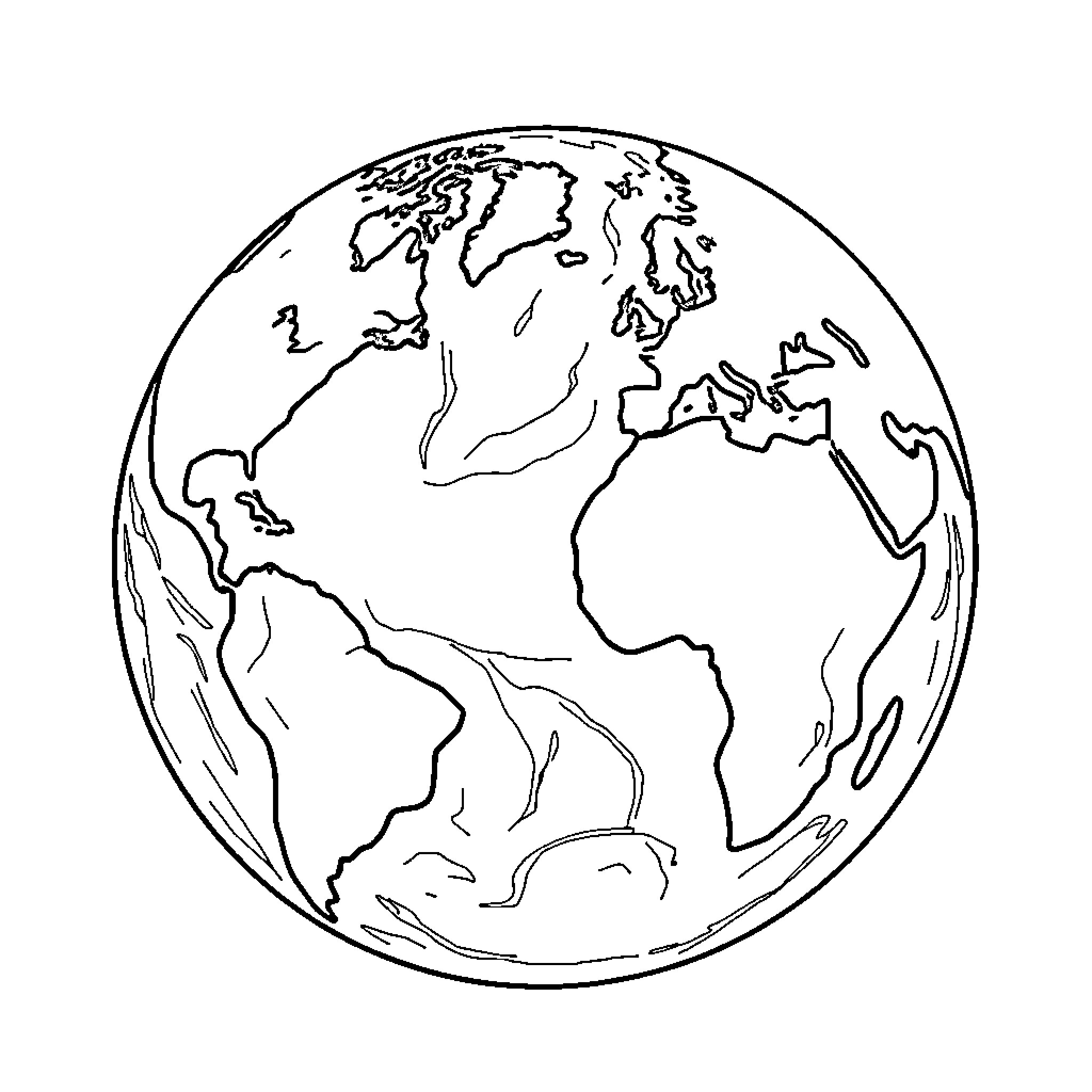 Earth globe outline showing continents and oceans Coloring Page (free black-and-white line drawing printable PDF for all, from beginners to advanced learners, including children, teens, adults, and seniors)