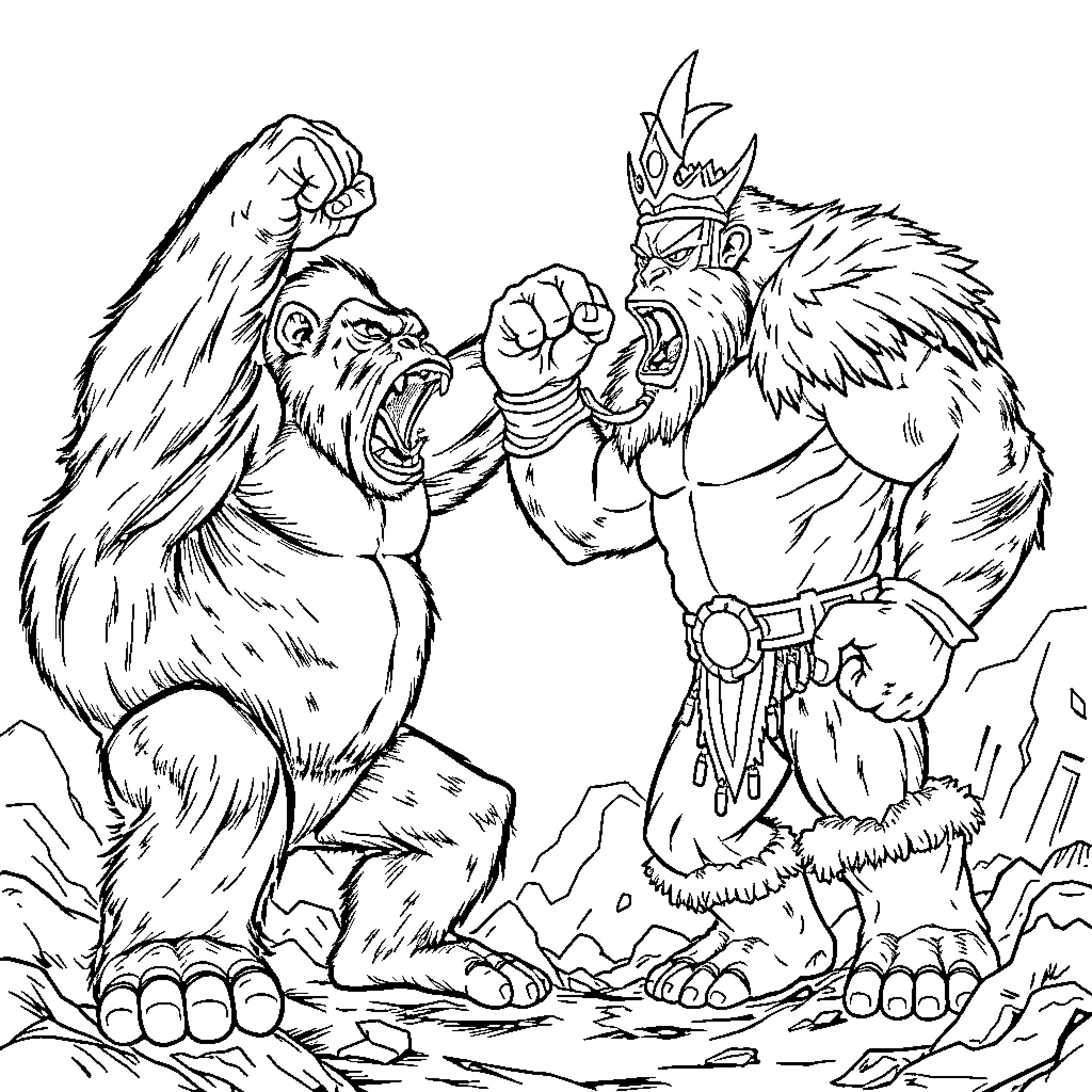 King Kong battling a fierce monster in the wilderness Coloring Page (free black-and-white line drawing printable PDF for all, from beginners to advanced learners, including children, teens, adults, and seniors)