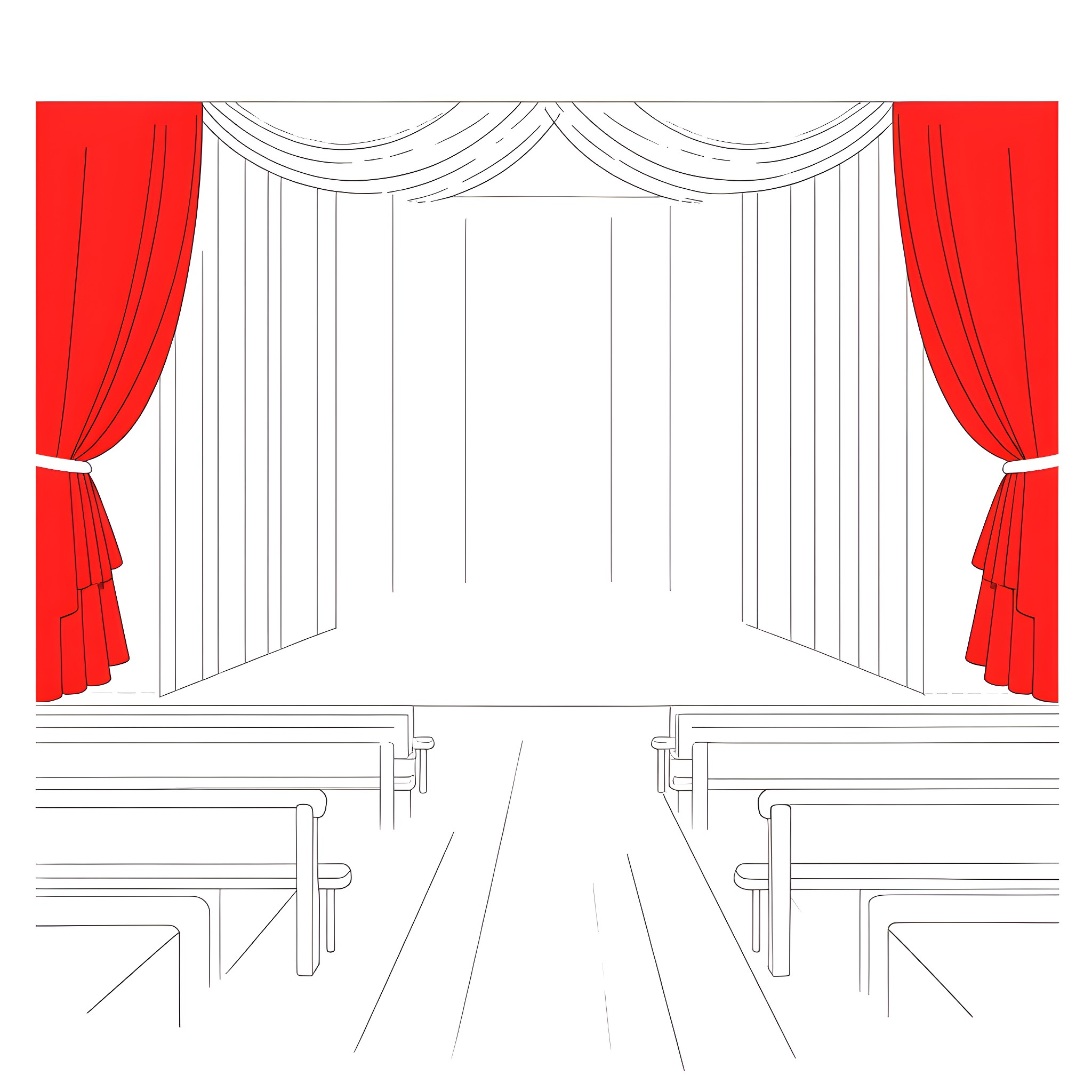 Stage set with red curtains and benches Coloring Page (free black-and-white line drawing printable PDF for all, from beginners to advanced learners, including children, teens, adults, and seniors)