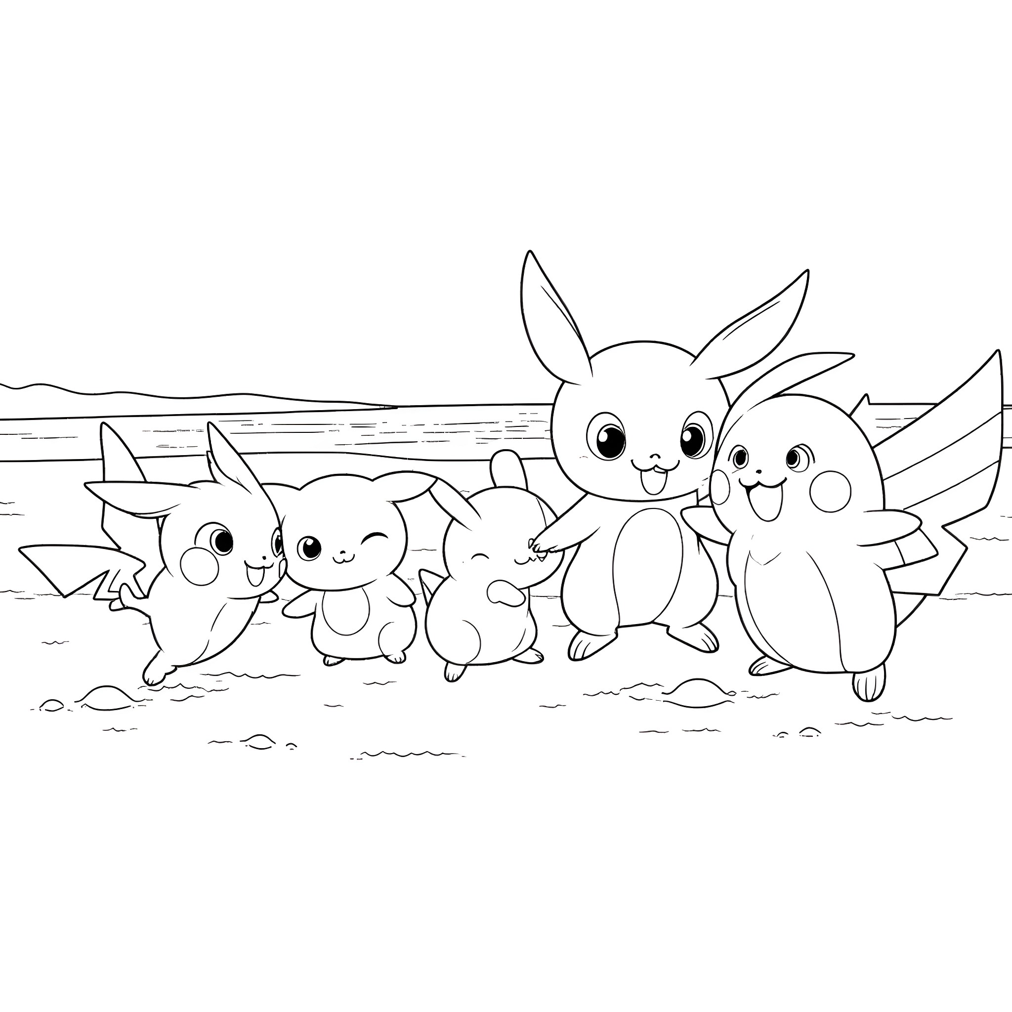 Pokémon characters playing happily together in nature Coloring Page (free black-and-white line drawing printable PDF for all, from beginners to advanced learners, including children, teens, adults, and seniors)