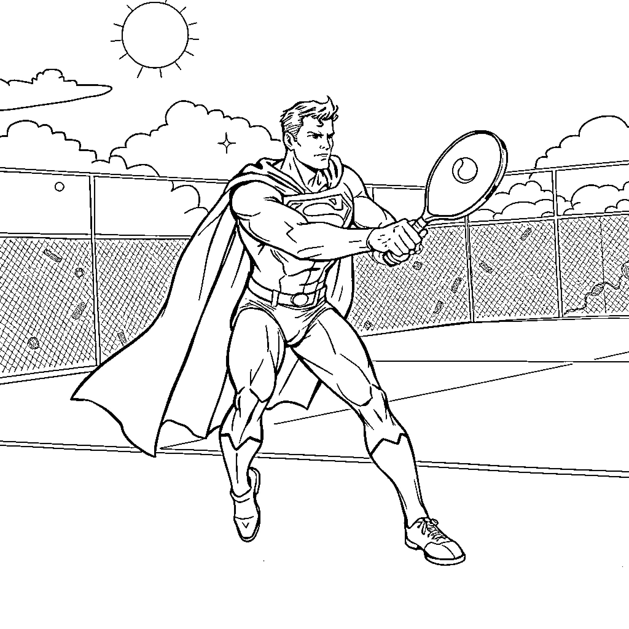 Superman playing tennis on a sunny day Coloring Page (free black-and-white line drawing printable PDF for all, from beginners to advanced learners, including children, teens, adults, and seniors)