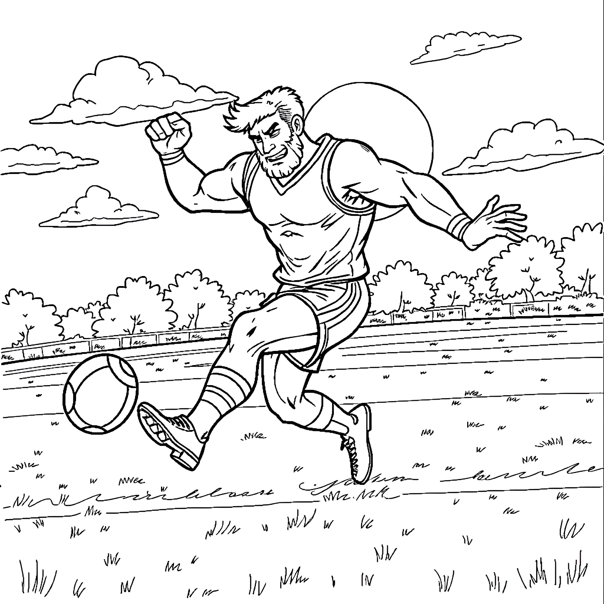 Hercules Sprinting Across the Countryside Coloring Page (free black-and-white line drawing printable PDF for all, from beginners to advanced learners, including children, teens, adults, and seniors)