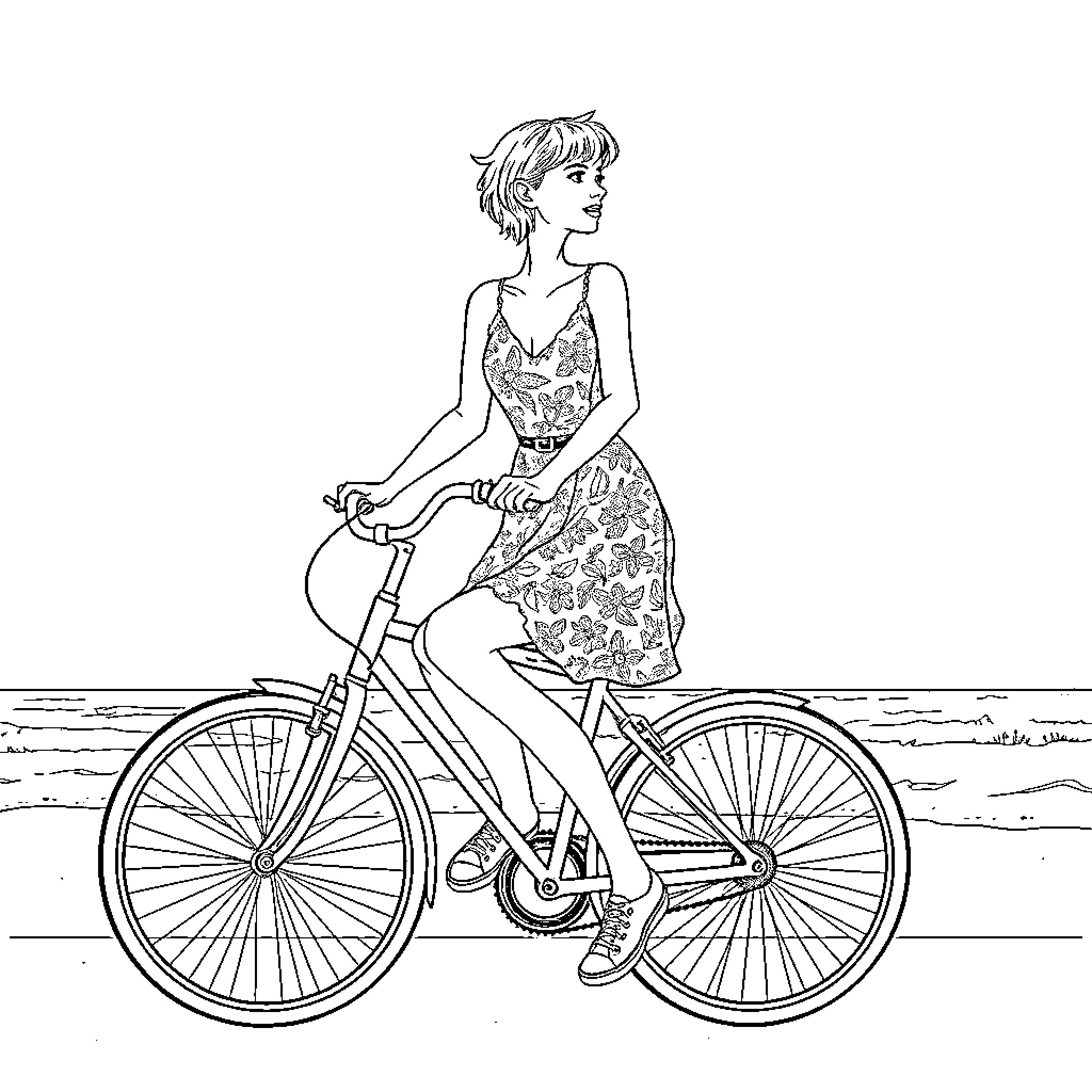 Woman riding a bicycle by the beach Coloring Page (free black-and-white line drawing printable PDF for all, from beginners to advanced learners, including children, teens, adults, and seniors)