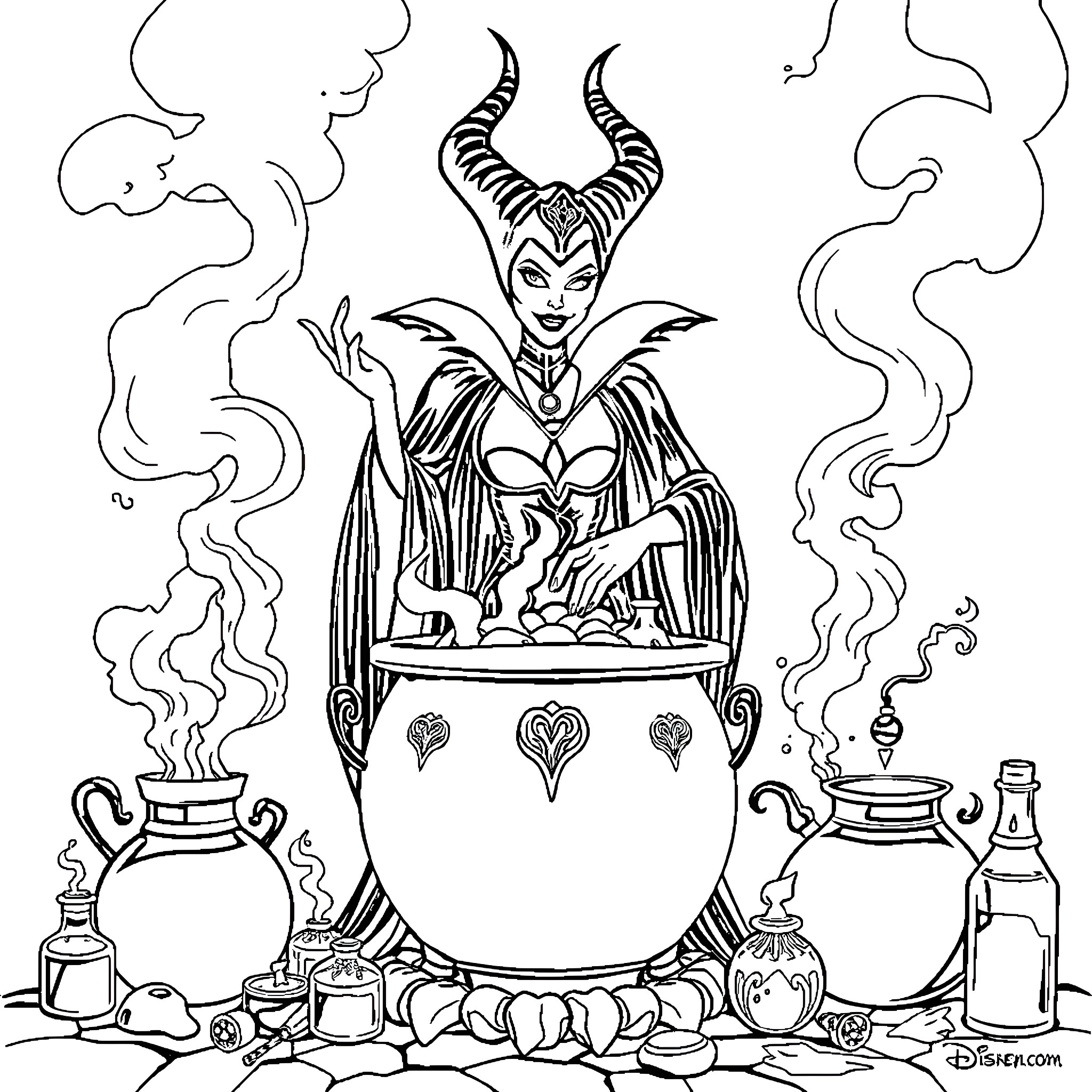 Maleficent casting a spell in a mystical cauldron Coloring Page (free black-and-white line drawing printable PDF for all, from beginners to advanced learners, including children, teens, adults, and seniors)