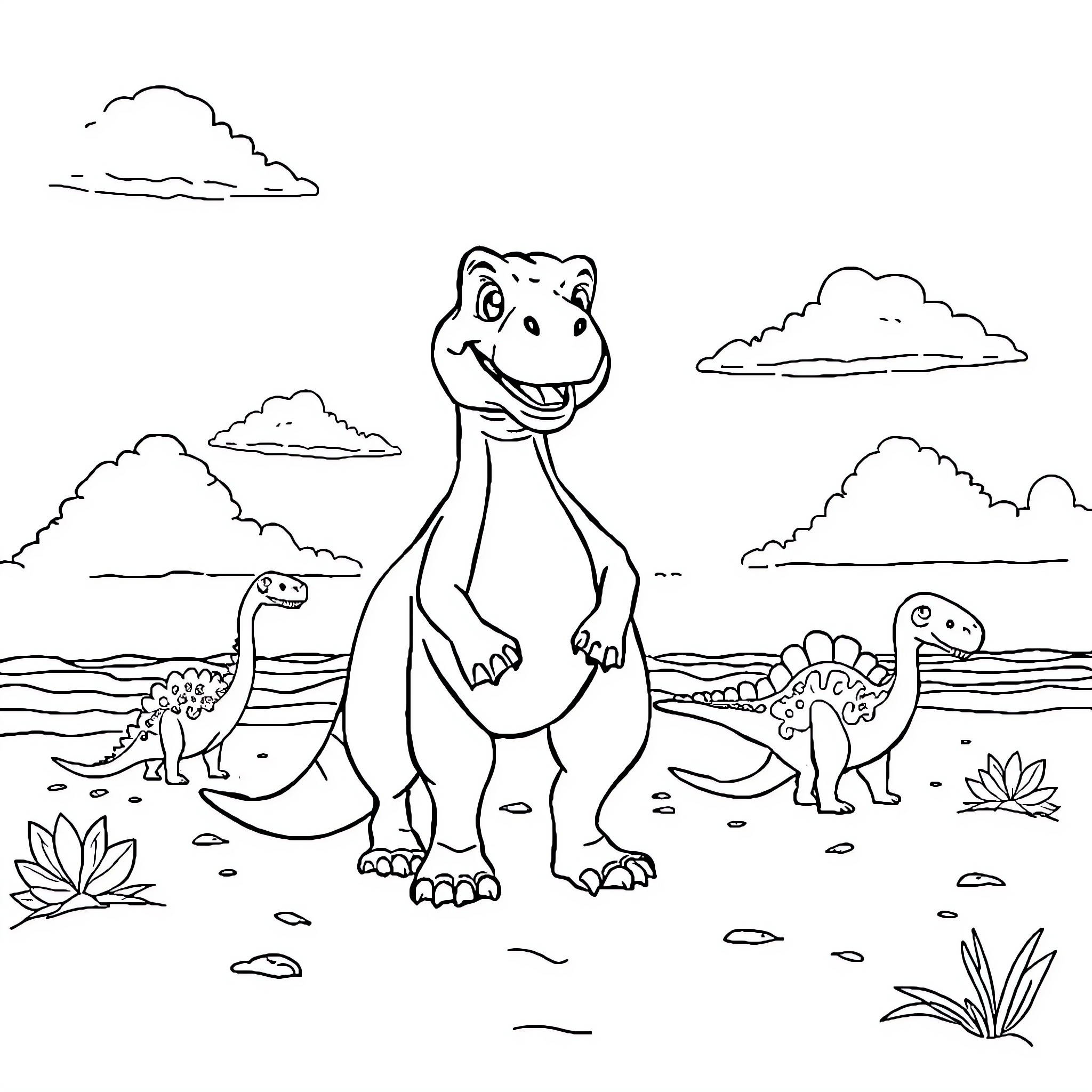 Dinosaurs playing happily in the prehistoric landscape Coloring Page (free black-and-white line drawing printable PDF for all, from beginners to advanced learners, including children, teens, adults, and seniors)