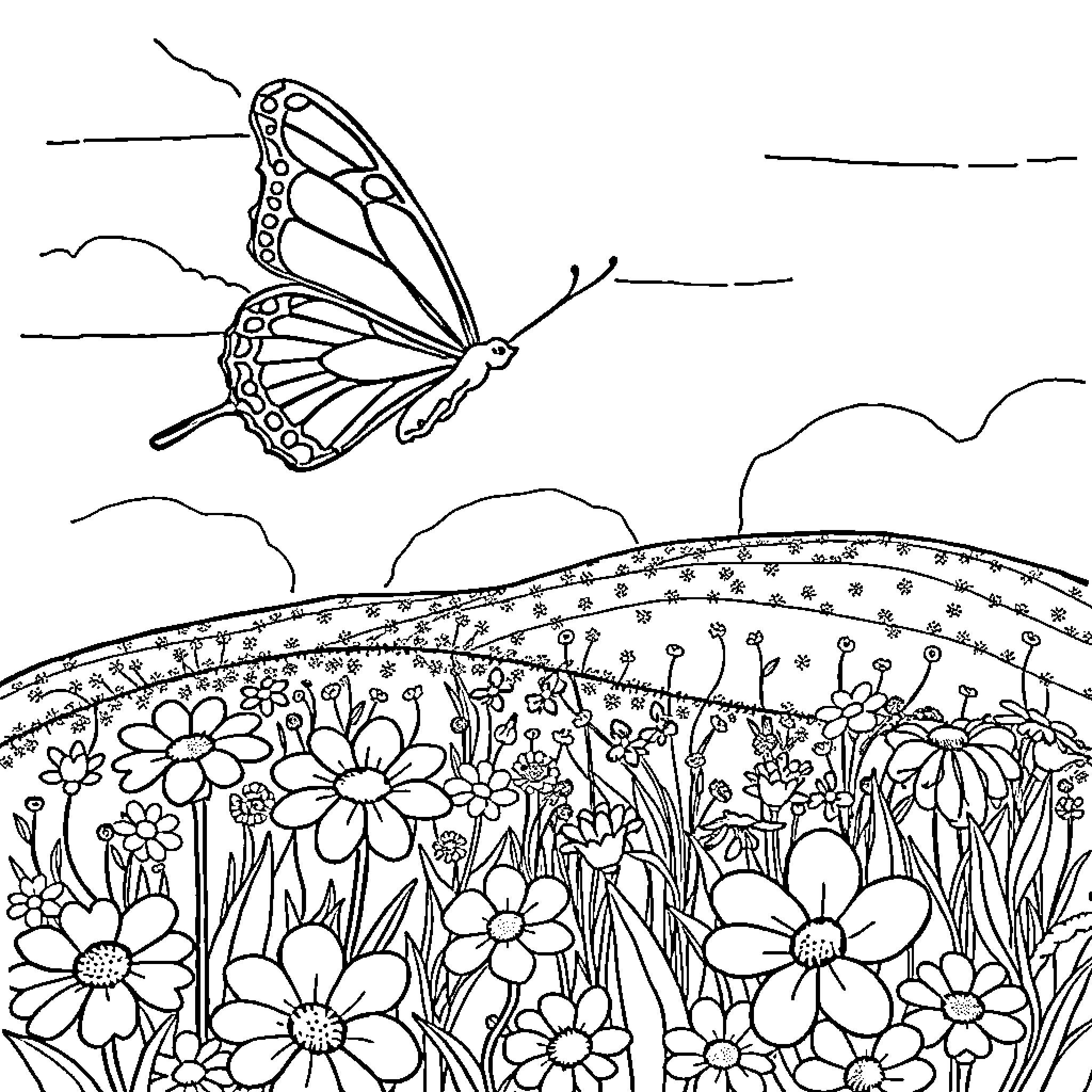 Butterfly flying over a field of flowers Coloring Page (free black-and-white line drawing printable PDF for all, from beginners to advanced learners, including children, teens, adults, and seniors)