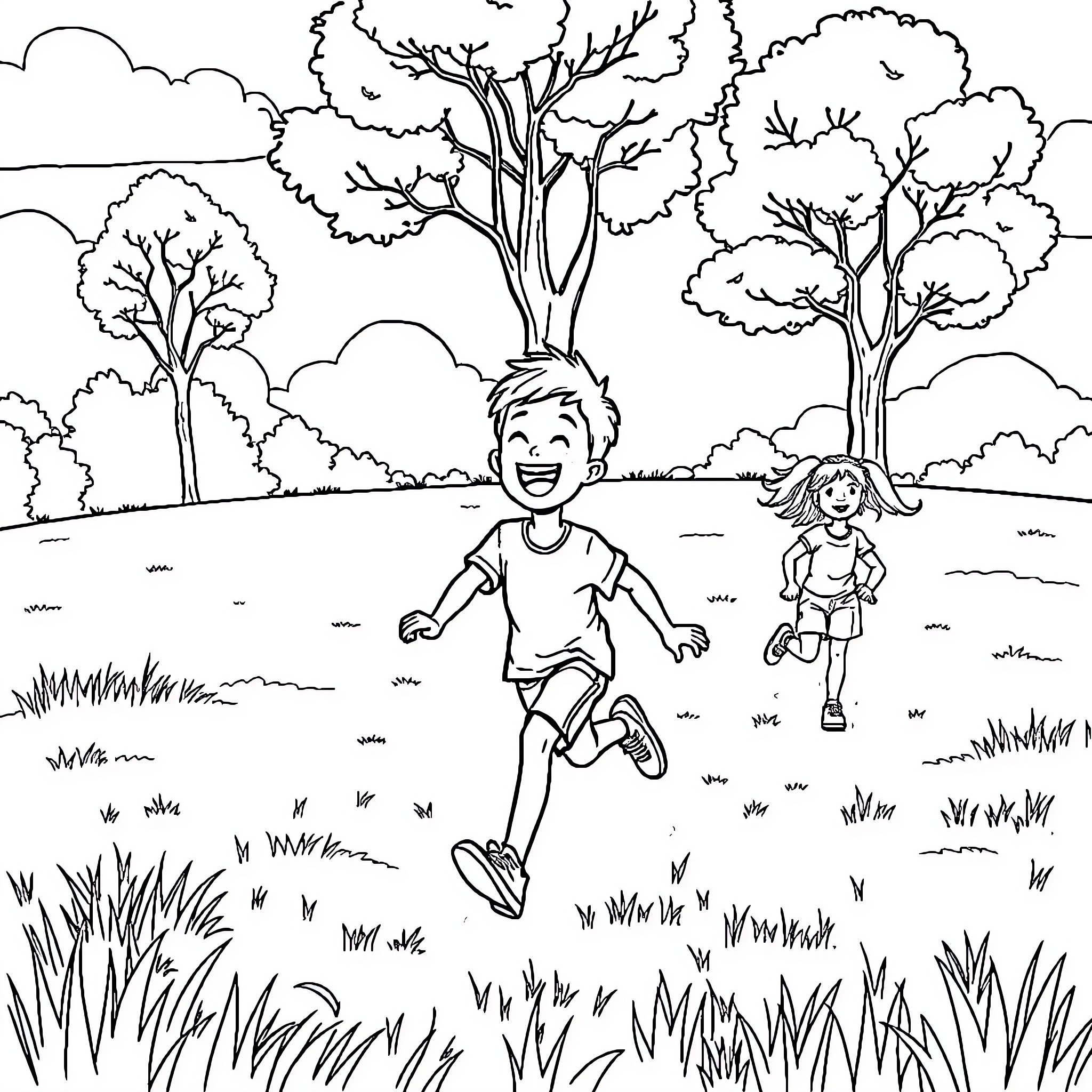 Boy and girl playing in a park Coloring Page (free black-and-white line drawing printable PDF for all, from beginners to advanced learners, including children, teens, adults, and seniors)