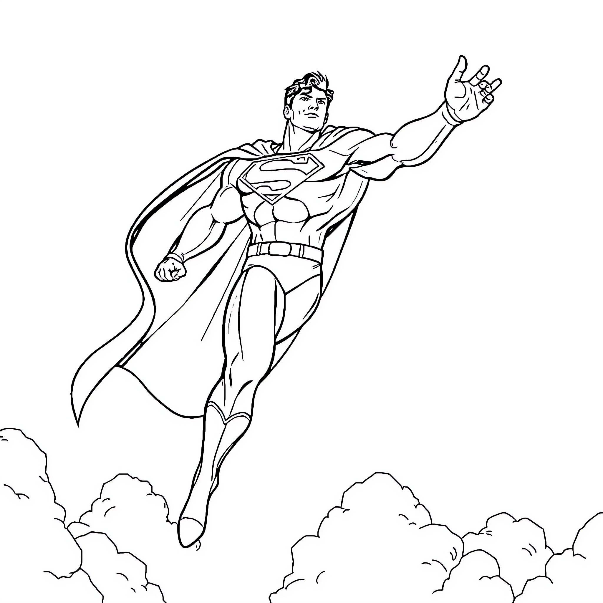Superman heroically soaring through the sky Coloring Page (free black-and-white line drawing printable PDF for all, from beginners to advanced learners, including children, teens, adults, and seniors)