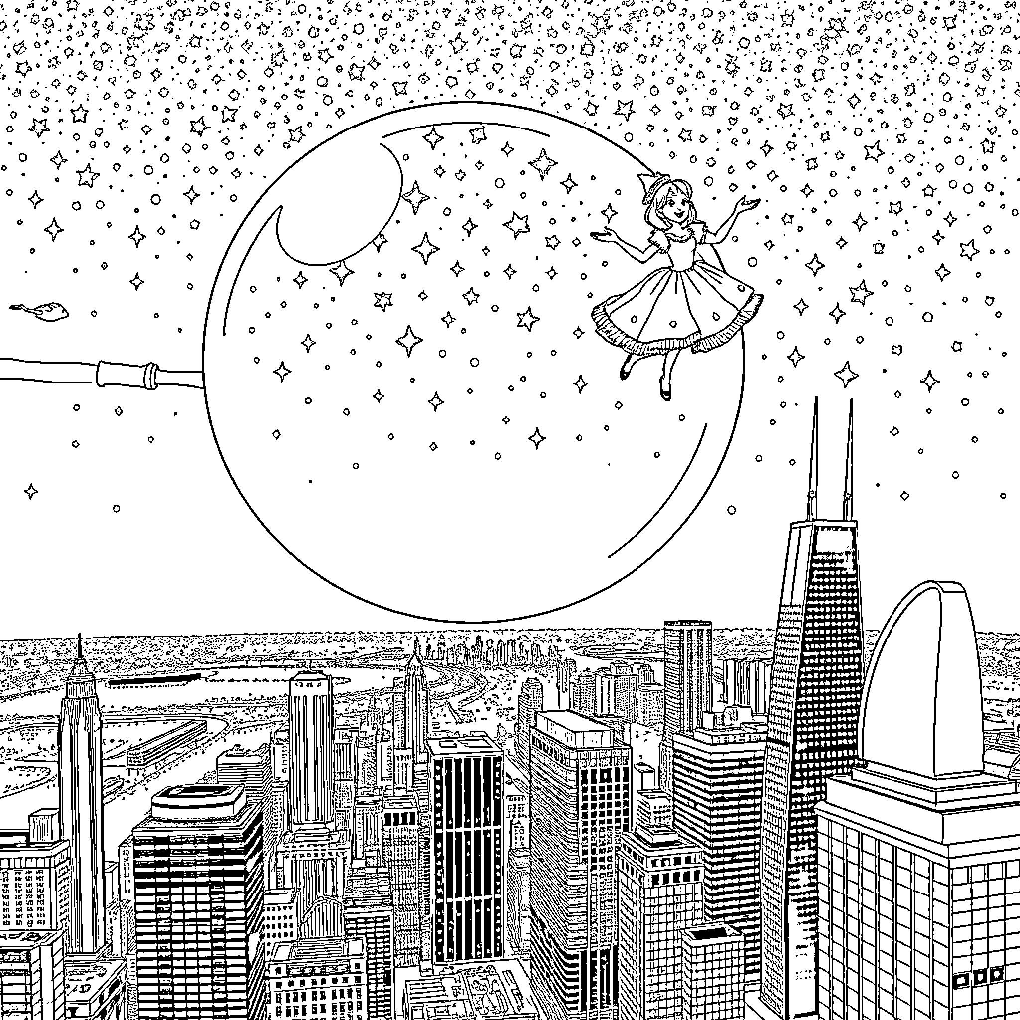 Glinda's Magical Journey Through the Starry Night Sky Coloring Page (free black-and-white line drawing printable PDF for all, from beginners to advanced learners, including children, teens, adults, and seniors)