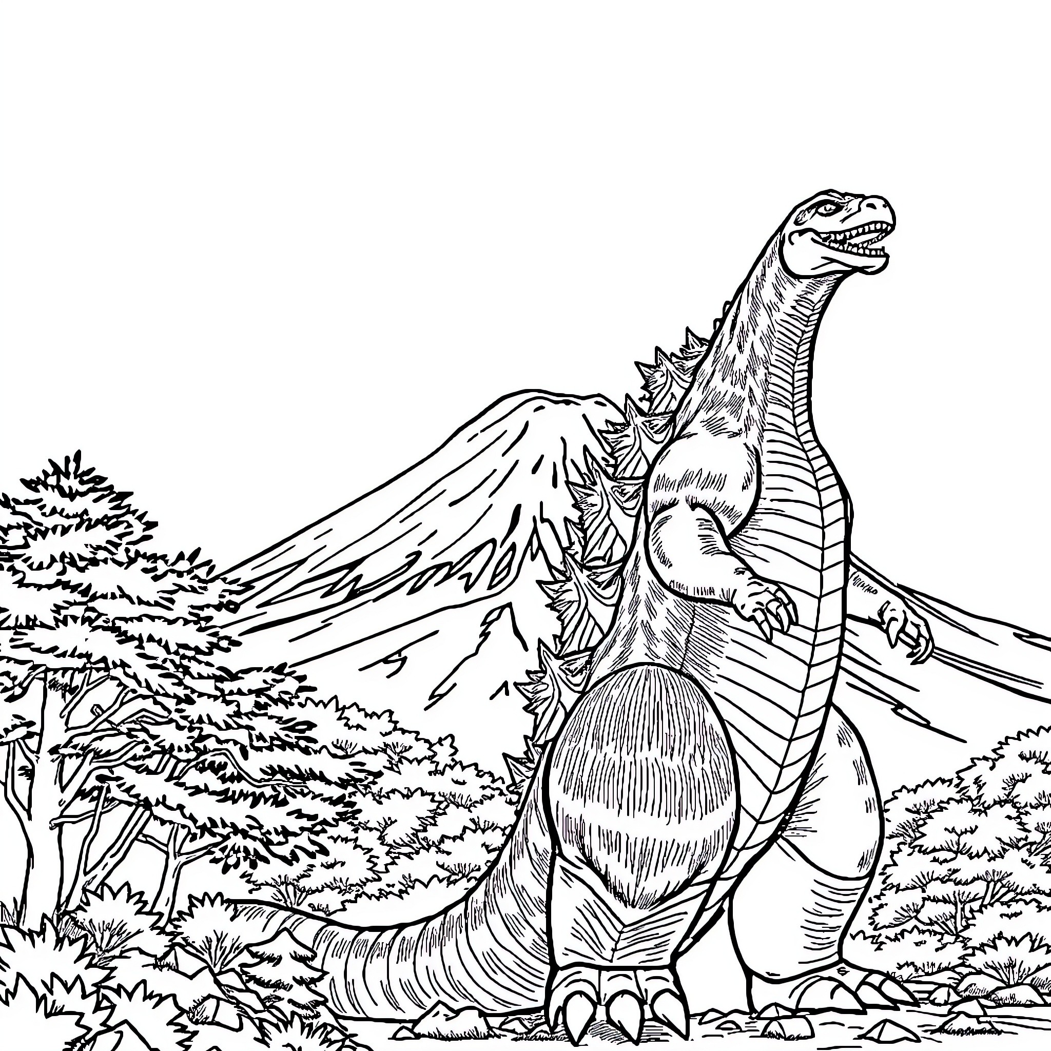 Godzilla destroying a forest landscape Coloring Page (free black-and-white line drawing printable PDF for all, from beginners to advanced learners, including children, teens, adults, and seniors)