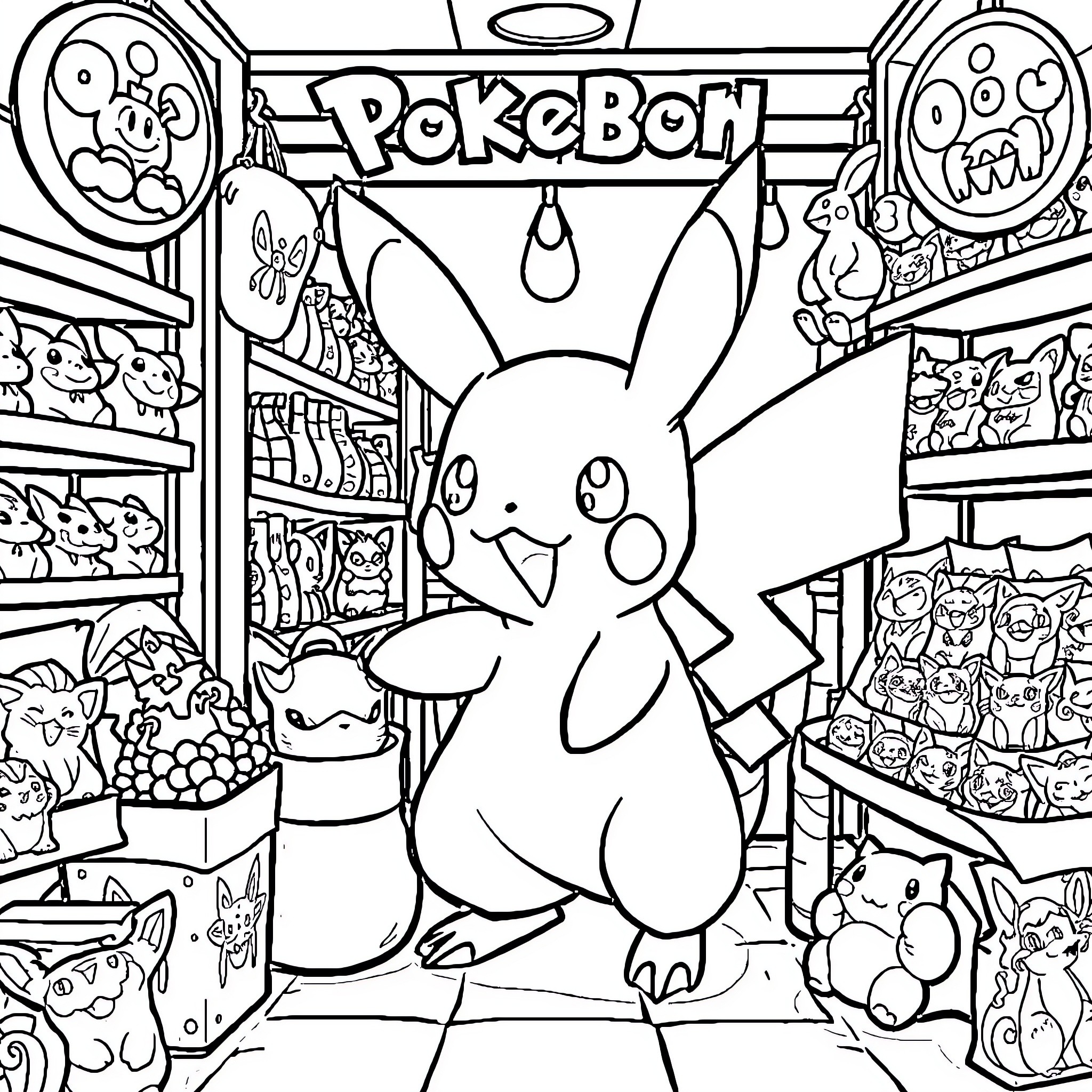 Pokémon Pikachu in a PokéMart store Coloring Page (free black-and-white line drawing printable PDF for all, from beginners to advanced learners, including children, teens, adults, and seniors)