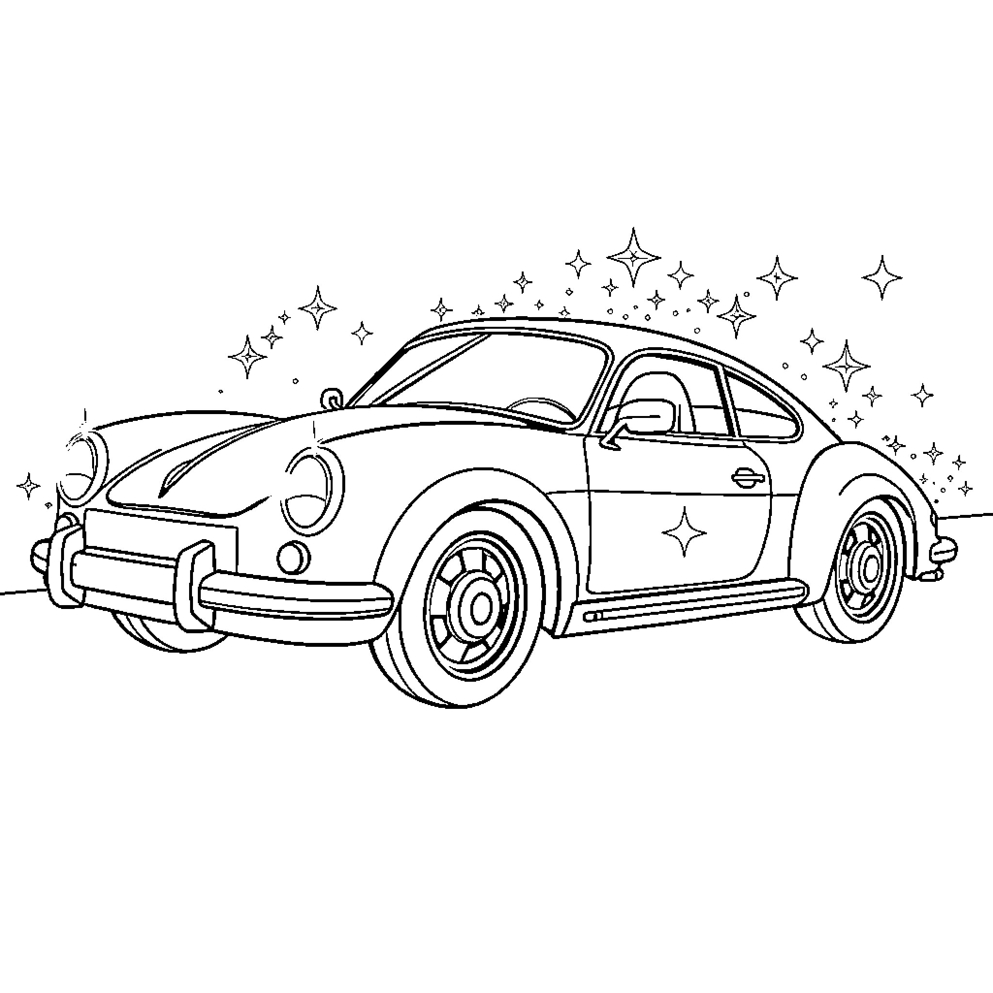 Voiture classic car with starry background Coloring Page (free black-and-white line drawing printable PDF for all, from beginners to advanced learners, including children, teens, adults, and seniors)