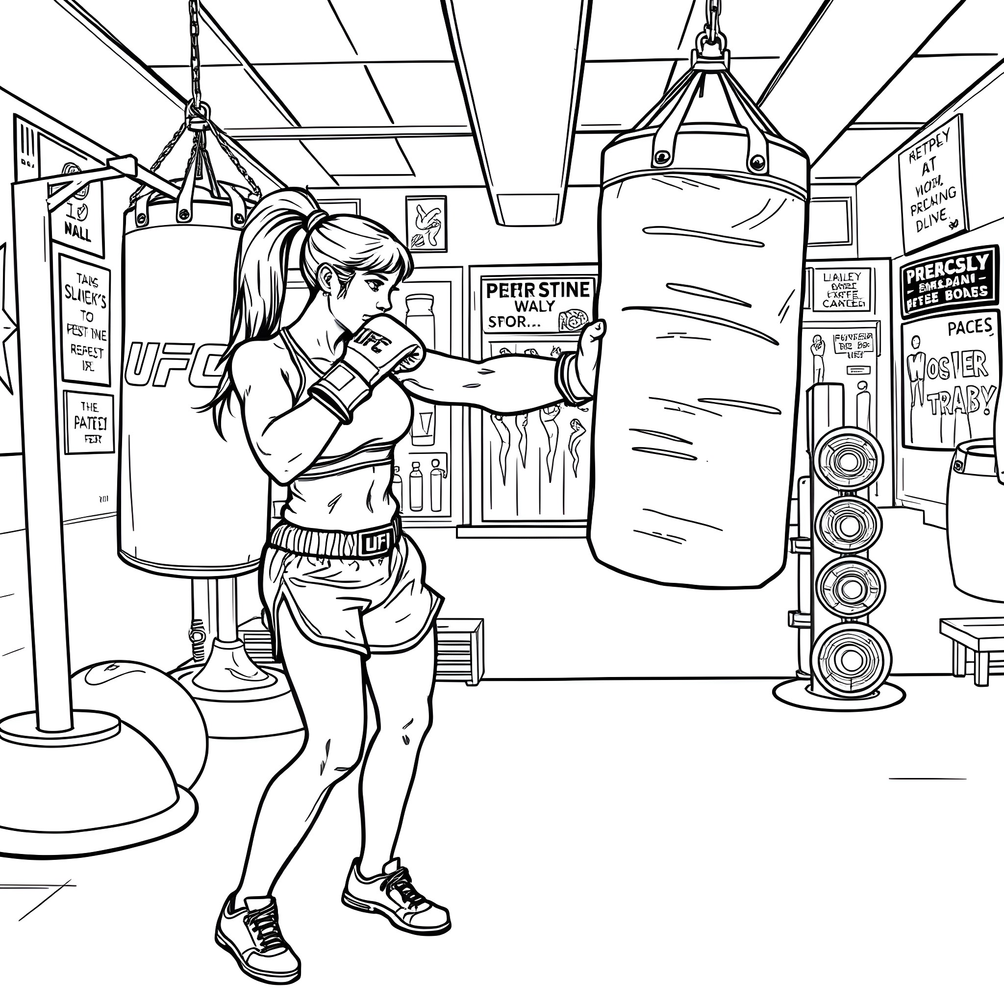 Female Boxer Training Intensely in Gym Coloring Page (free black-and-white line drawing printable PDF for all, from beginners to advanced learners, including children, teens, adults, and seniors)