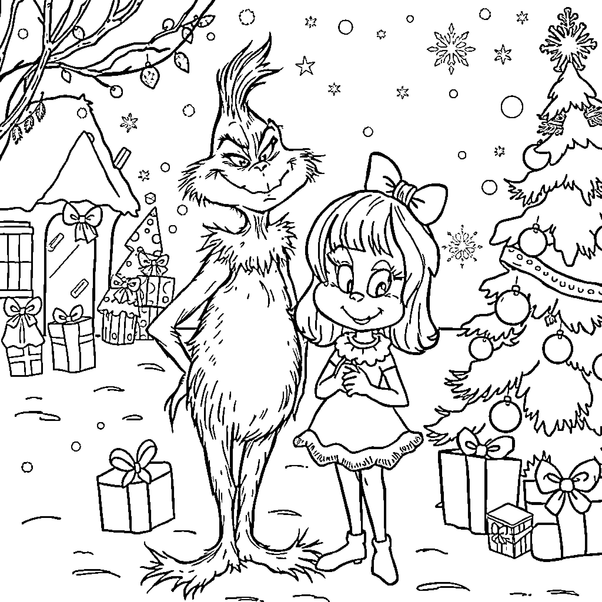 Grinch and girl celebrate Christmas with gifts and decorations Coloring Page (free black-and-white line drawing printable PDF for all, from beginners to advanced learners, including children, teens, adults, and seniors)