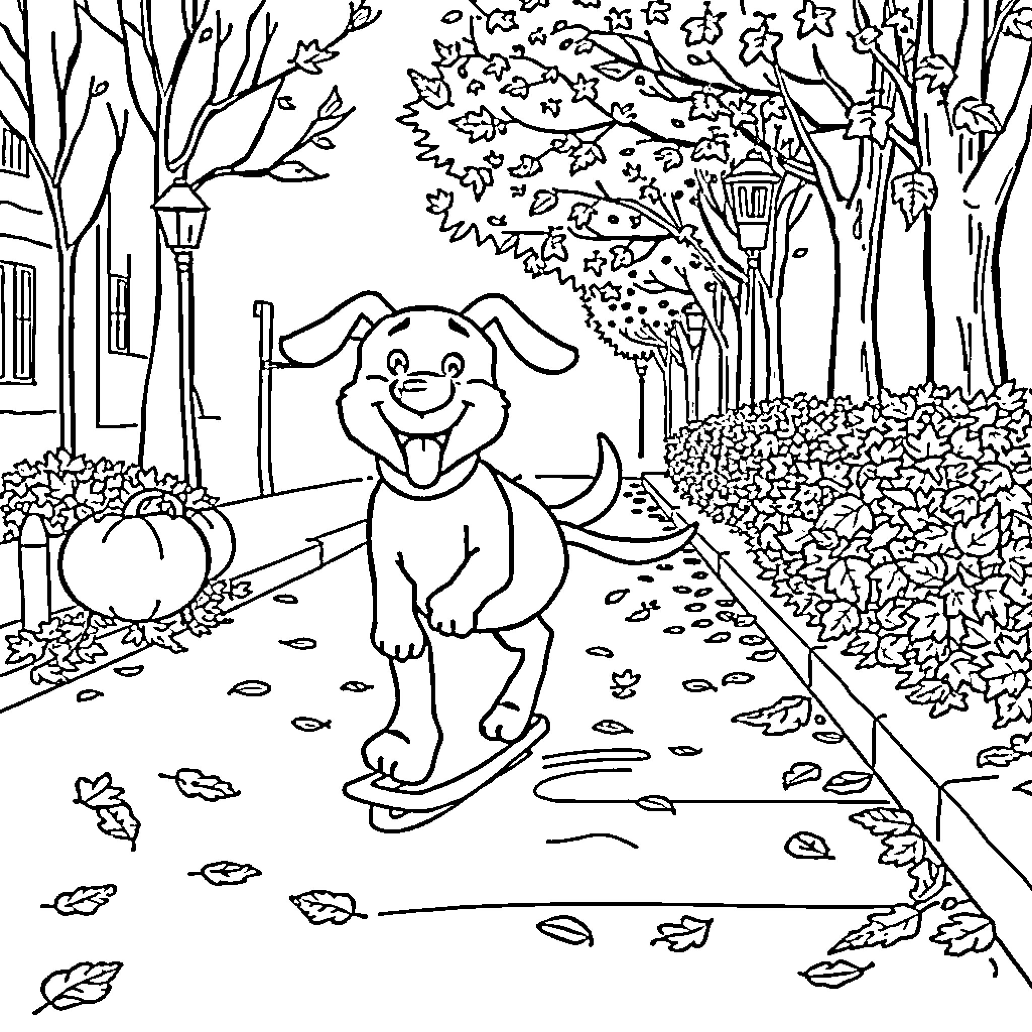 Dog playing happily on a path in the autumn forest Coloring Page (free black-and-white line drawing printable PDF for all, from beginners to advanced learners, including children, teens, adults, and seniors)