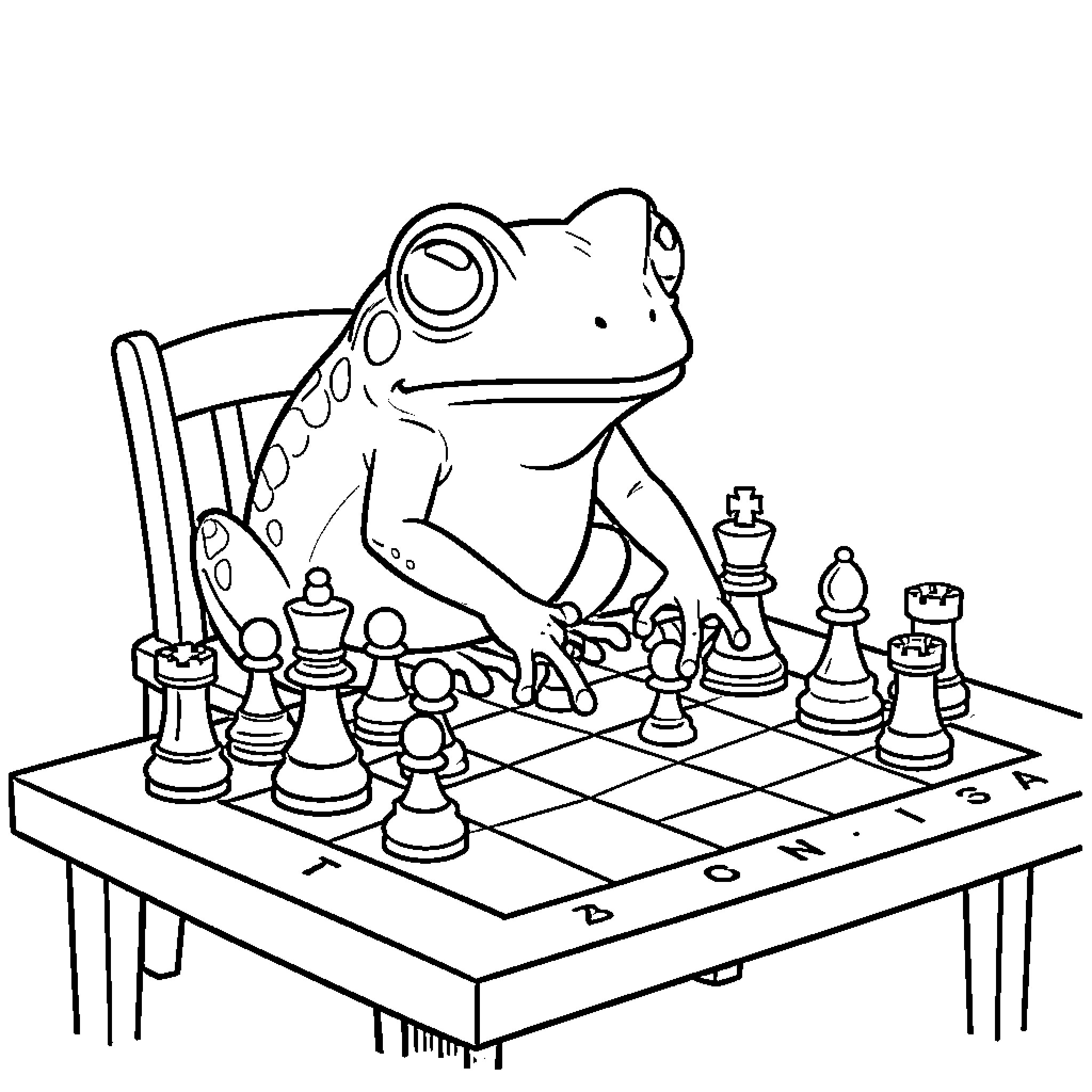 Toad playing chess on a chessboard Coloring Page (free black-and-white line drawing printable PDF for all, from beginners to advanced learners, including children, teens, adults, and seniors)