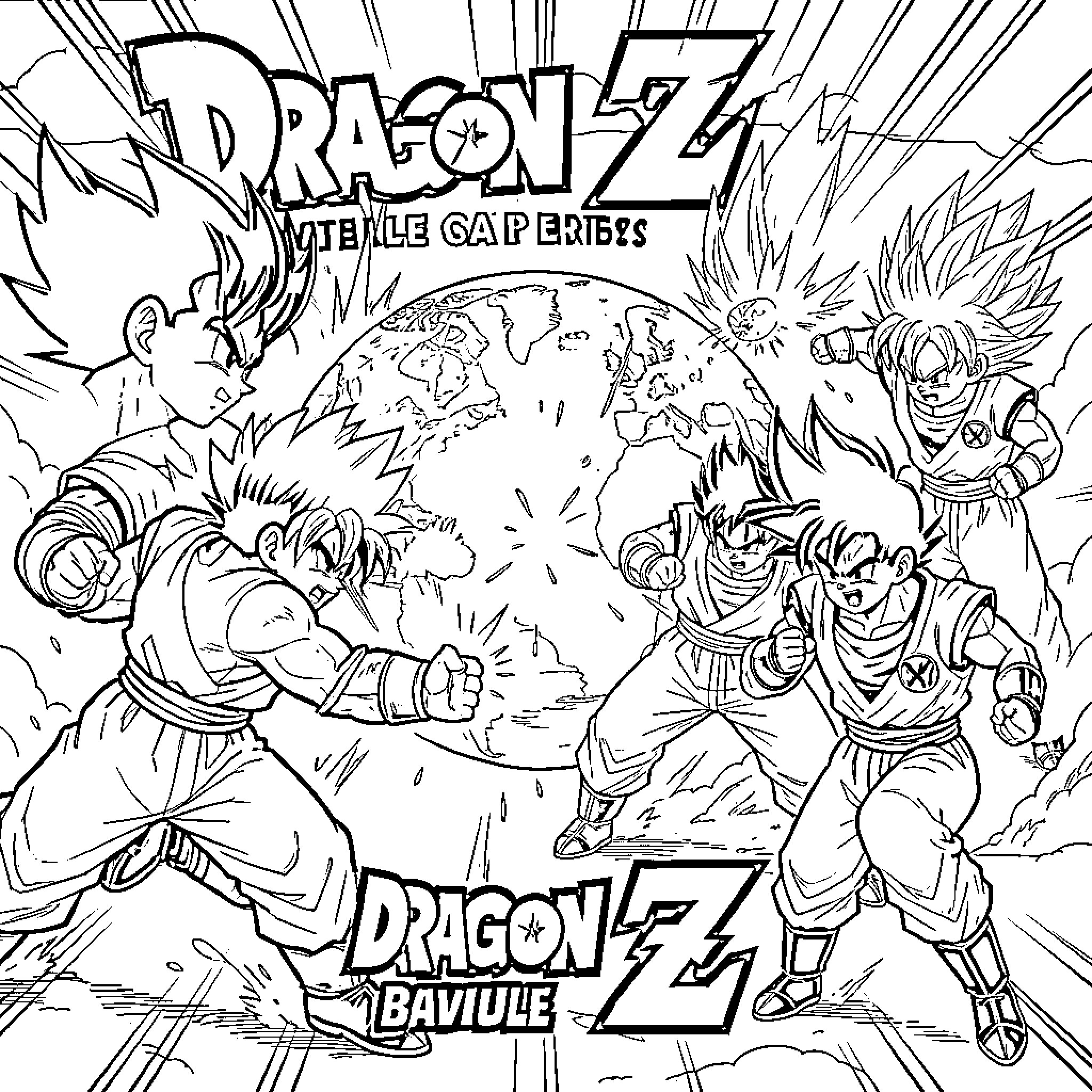 Dragon Ball Z characters preparing for a powerful battle Coloring Page (free black-and-white line drawing printable PDF for all, from beginners to advanced learners, including children, teens, adults, and seniors)