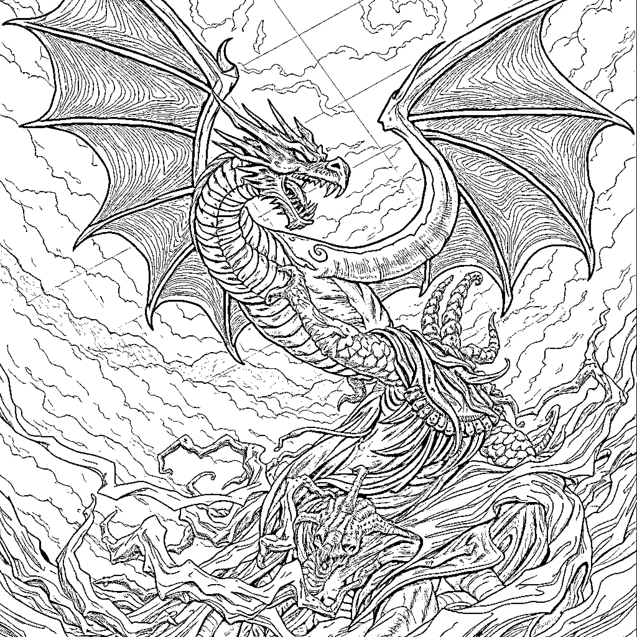 Dragon Soaring Amidst Stormy Clouds Coloring Page (free black-and-white line drawing printable PDF for all, from beginners to advanced learners, including children, teens, adults, and seniors)