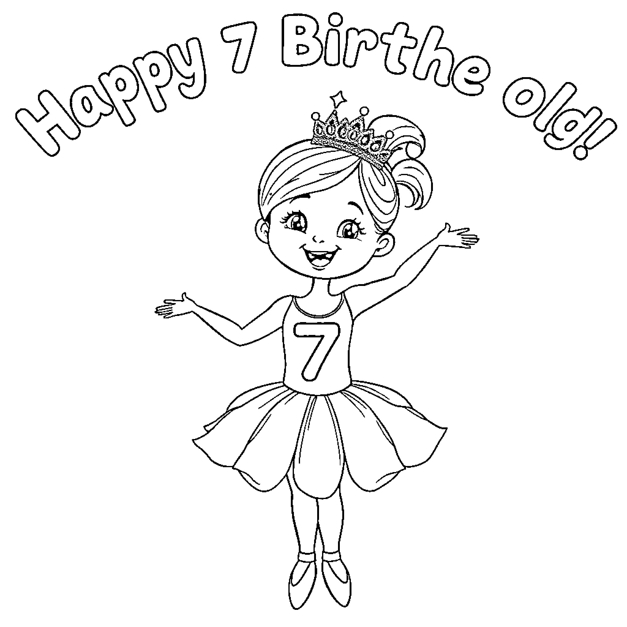 Ballerina celebrating her 7th birthday happily Coloring Page (free black-and-white line drawing printable PDF for all, from beginners to advanced learners, including children, teens, adults, and seniors)