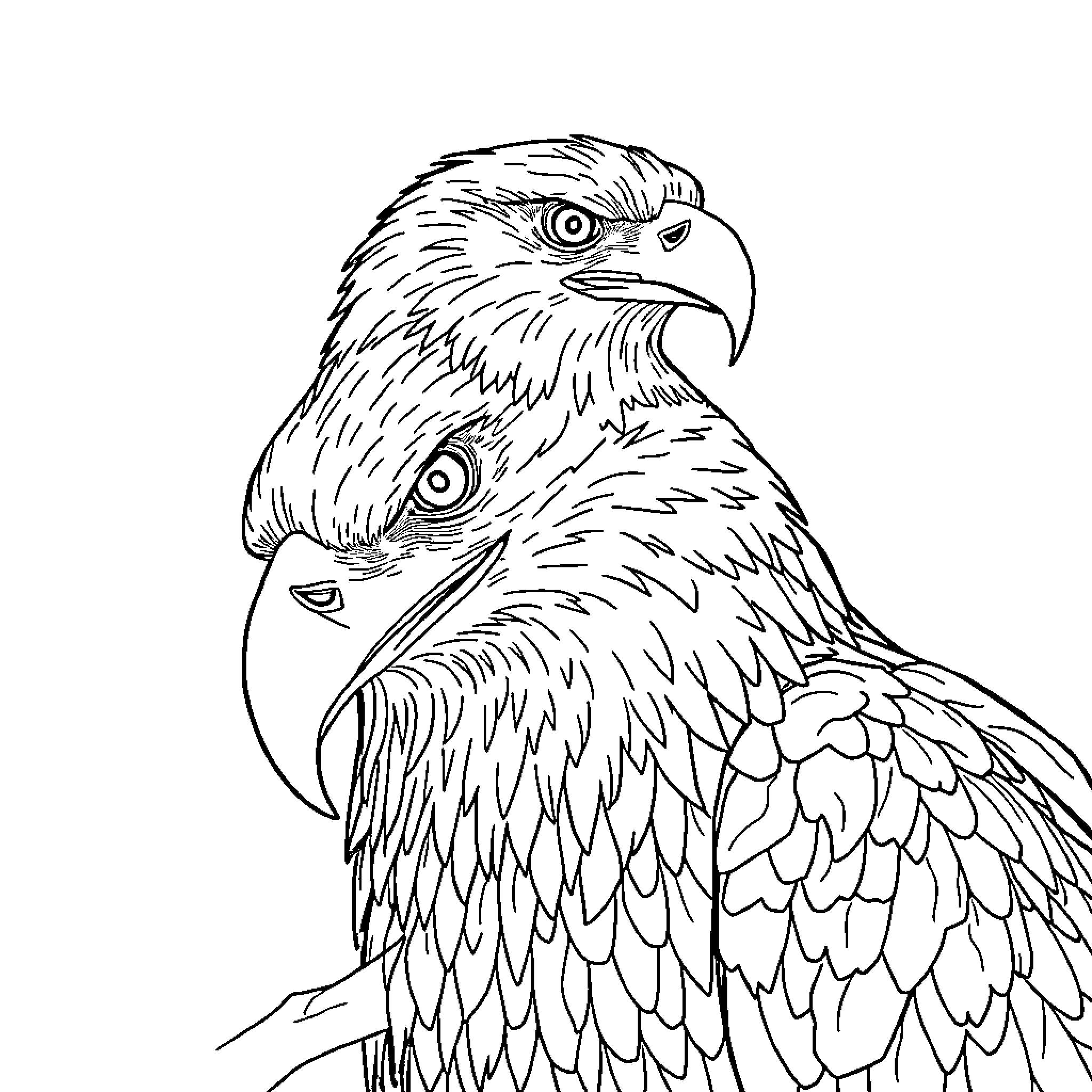 Eagle duo in a detailed sketch Coloring Page (free black-and-white line drawing printable PDF for all, from beginners to advanced learners, including children, teens, adults, and seniors)