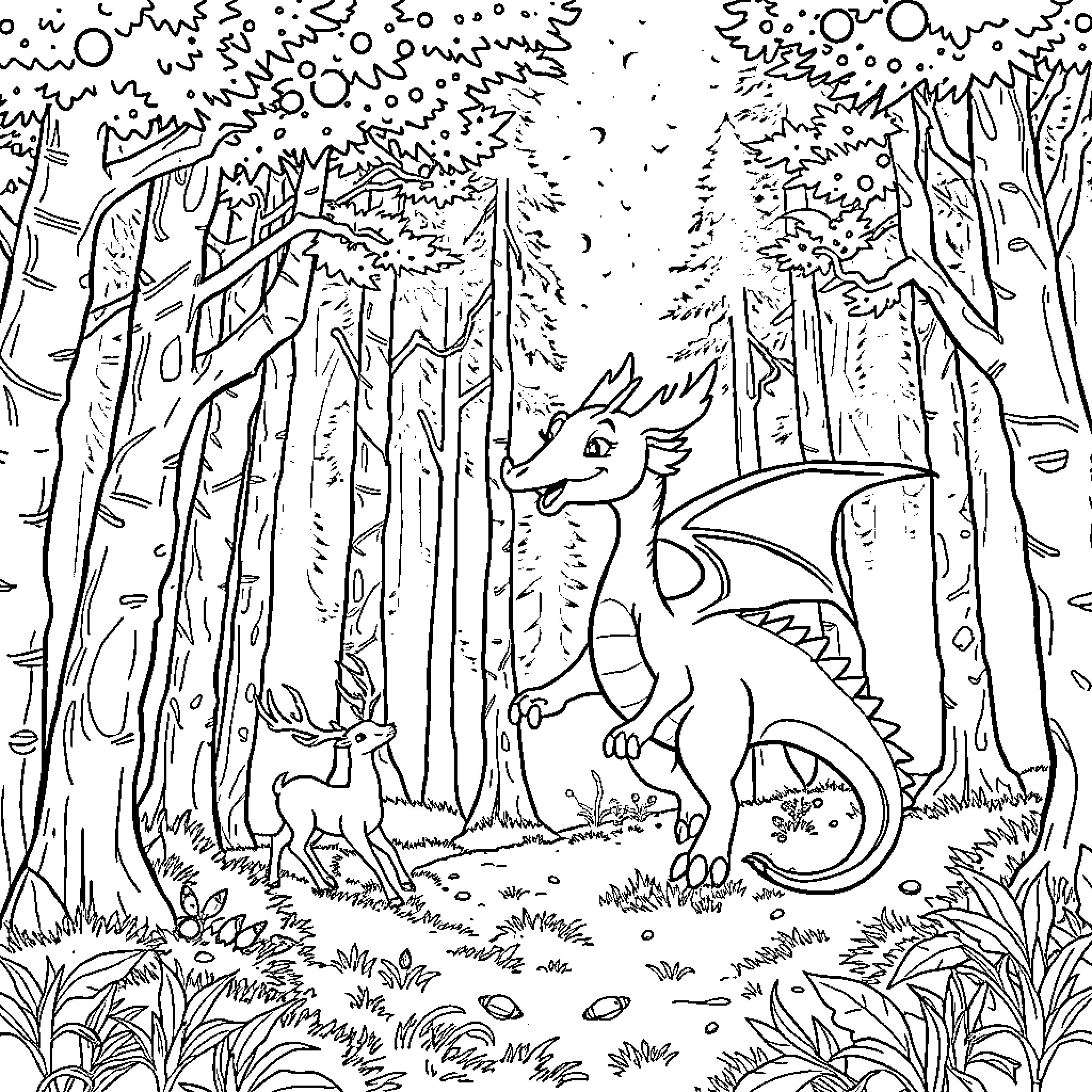 Dragon Exploring the Enchanted Forest Coloring Page (free black-and-white line drawing printable PDF for all, from beginners to advanced learners, including children, teens, adults, and seniors)