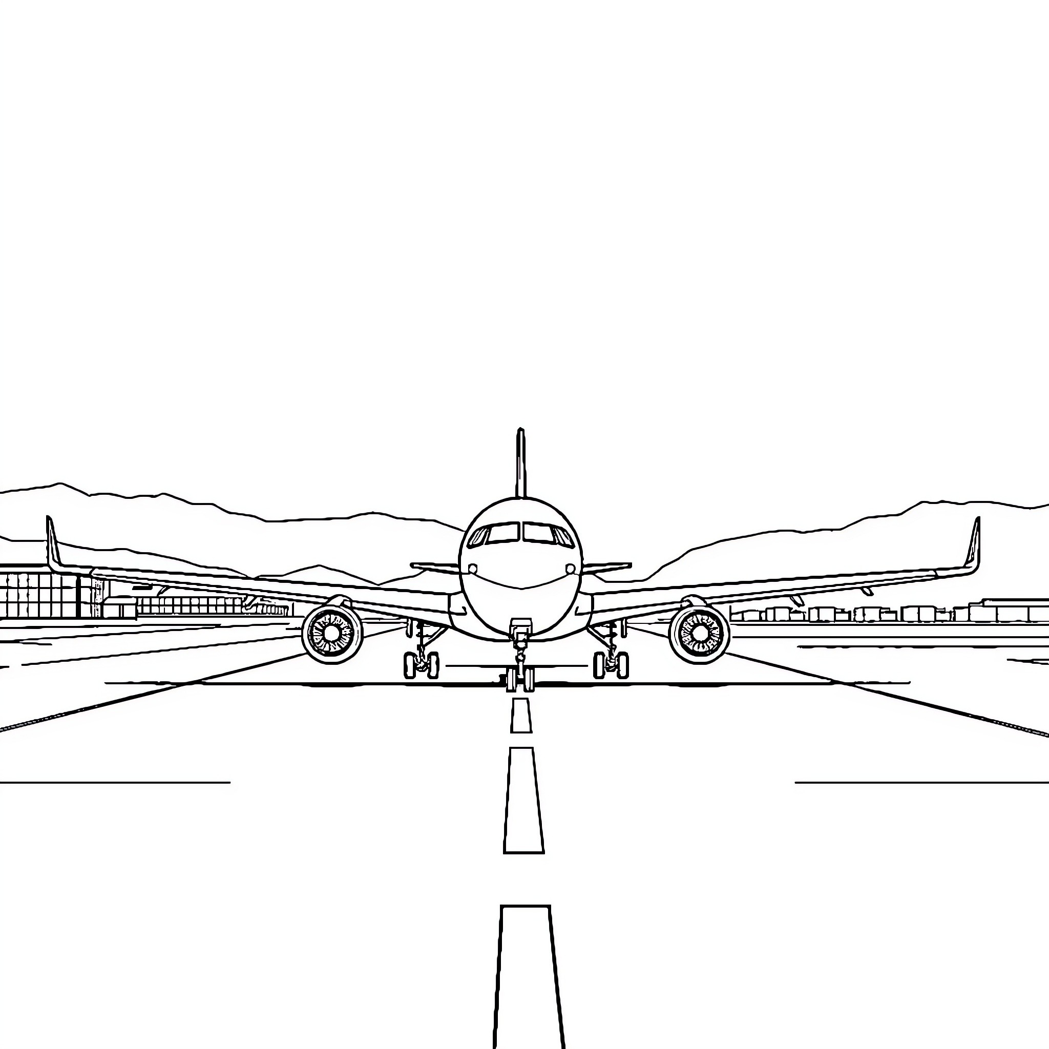 Airplane landing on runway at airport Coloring Page (free black-and-white line drawing printable PDF for all, from beginners to advanced learners, including children, teens, adults, and seniors)