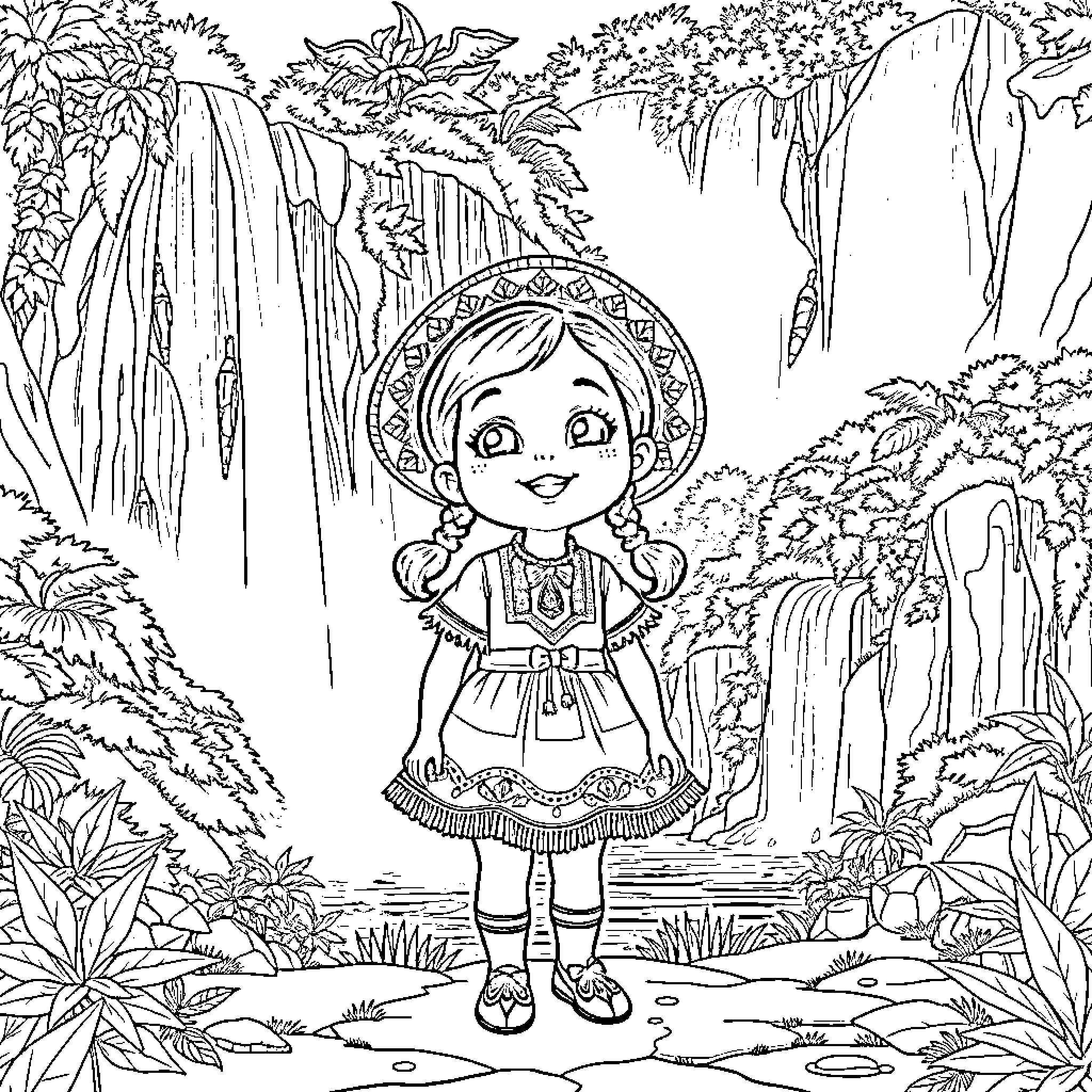 Girl exploring magical forest landscape Coloring Page (free black-and-white line drawing printable PDF for all, from beginners to advanced learners, including children, teens, adults, and seniors)