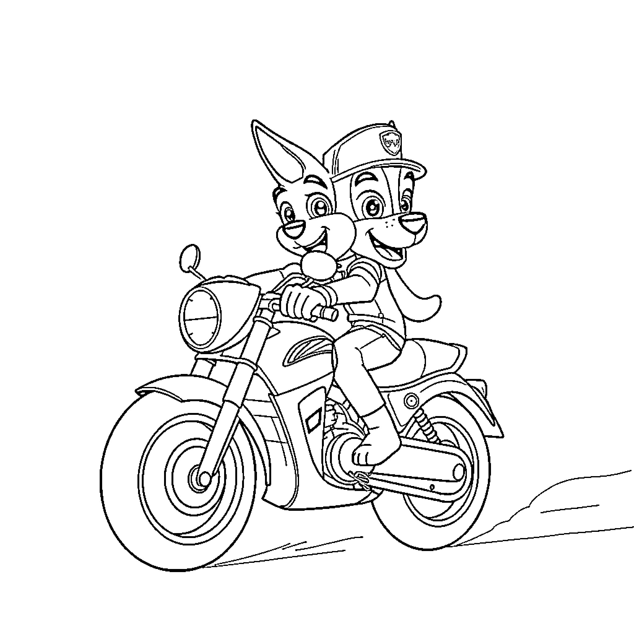 Chase the Puppy's Playful Motorcycle Ride Coloring Page (free black-and-white line drawing printable PDF for all, from beginners to advanced learners, including children, teens, adults, and seniors)