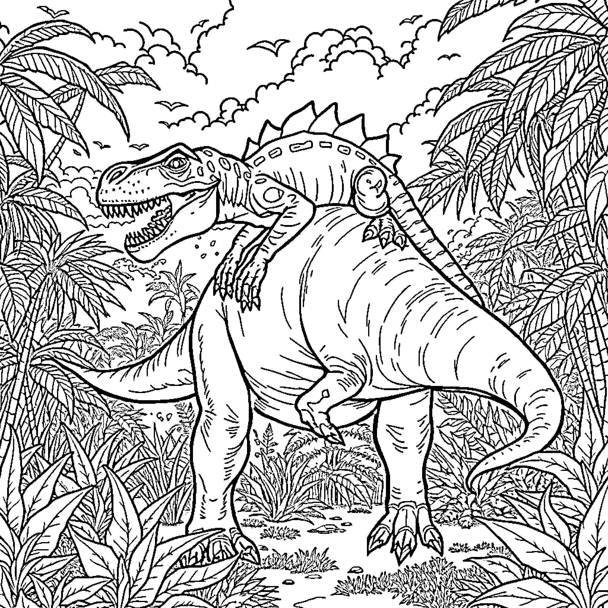Predator Dinosaur Prowling in Lush Jungle Landscape Coloring Page (free black-and-white line drawing printable PDF for all, from beginners to advanced learners, including children, teens, adults, and seniors)