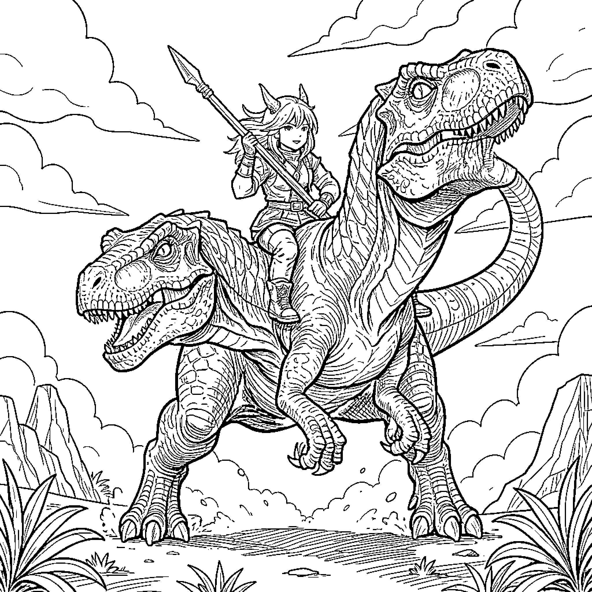 Kpop Demon Hunter riding fearsome prehistoric beast Coloring Page (free black-and-white line drawing printable PDF for all, from beginners to advanced learners, including children, teens, adults, and seniors)