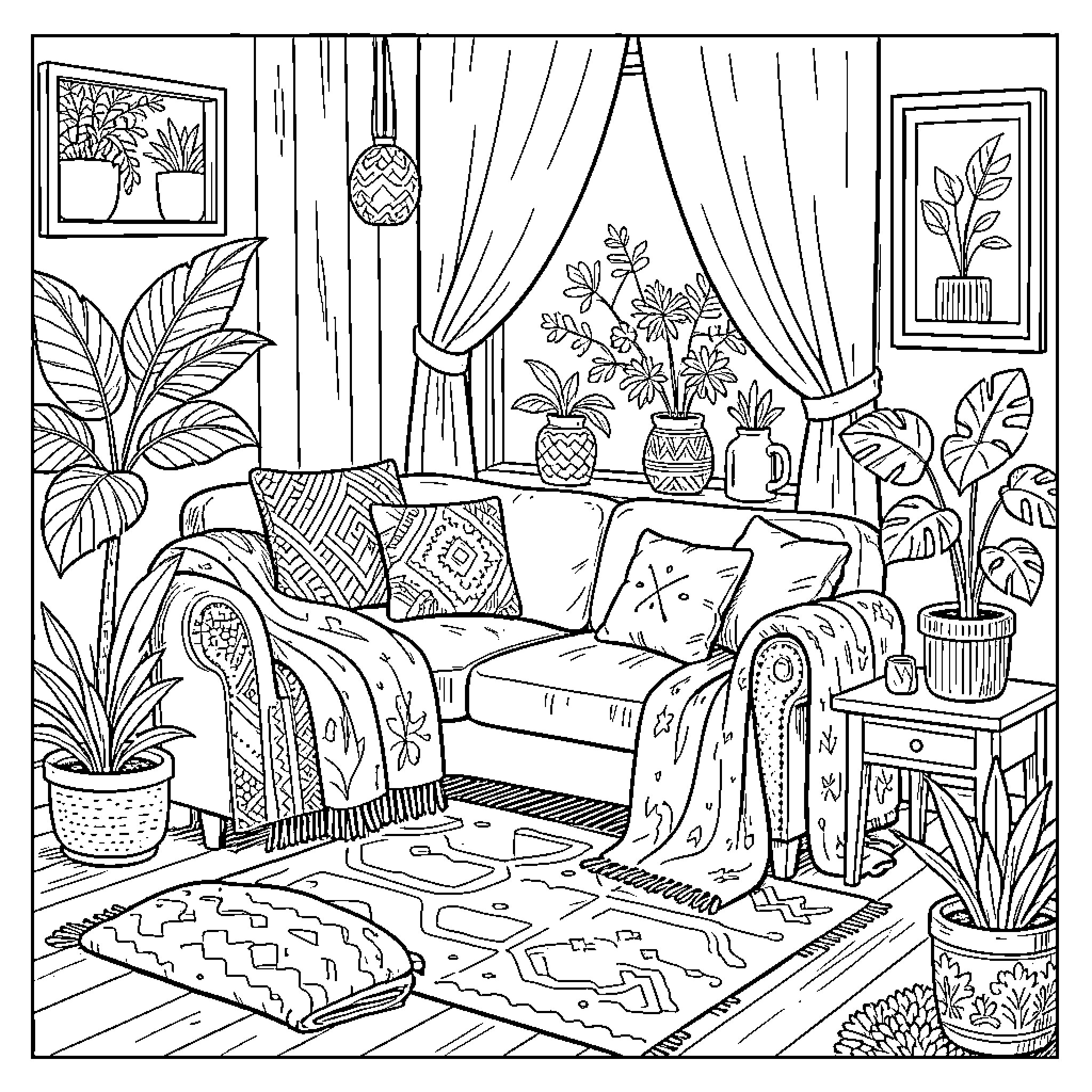 Boho living room scene with cozy cushions and plants Coloring Page (free black-and-white line drawing printable PDF for all, from beginners to advanced learners, including children, teens, adults, and seniors)