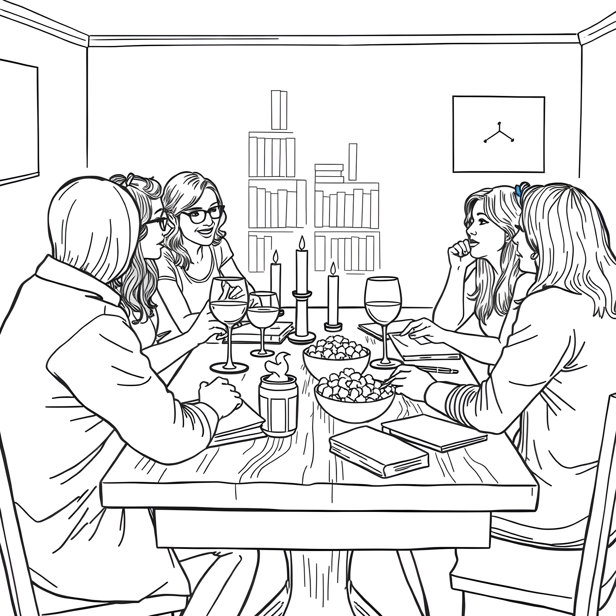 Book Club Friends Enjoying Cozy Evening Together Coloring Page (free black-and-white line drawing printable PDF for all, from beginners to advanced learners, including children, teens, adults, and seniors)