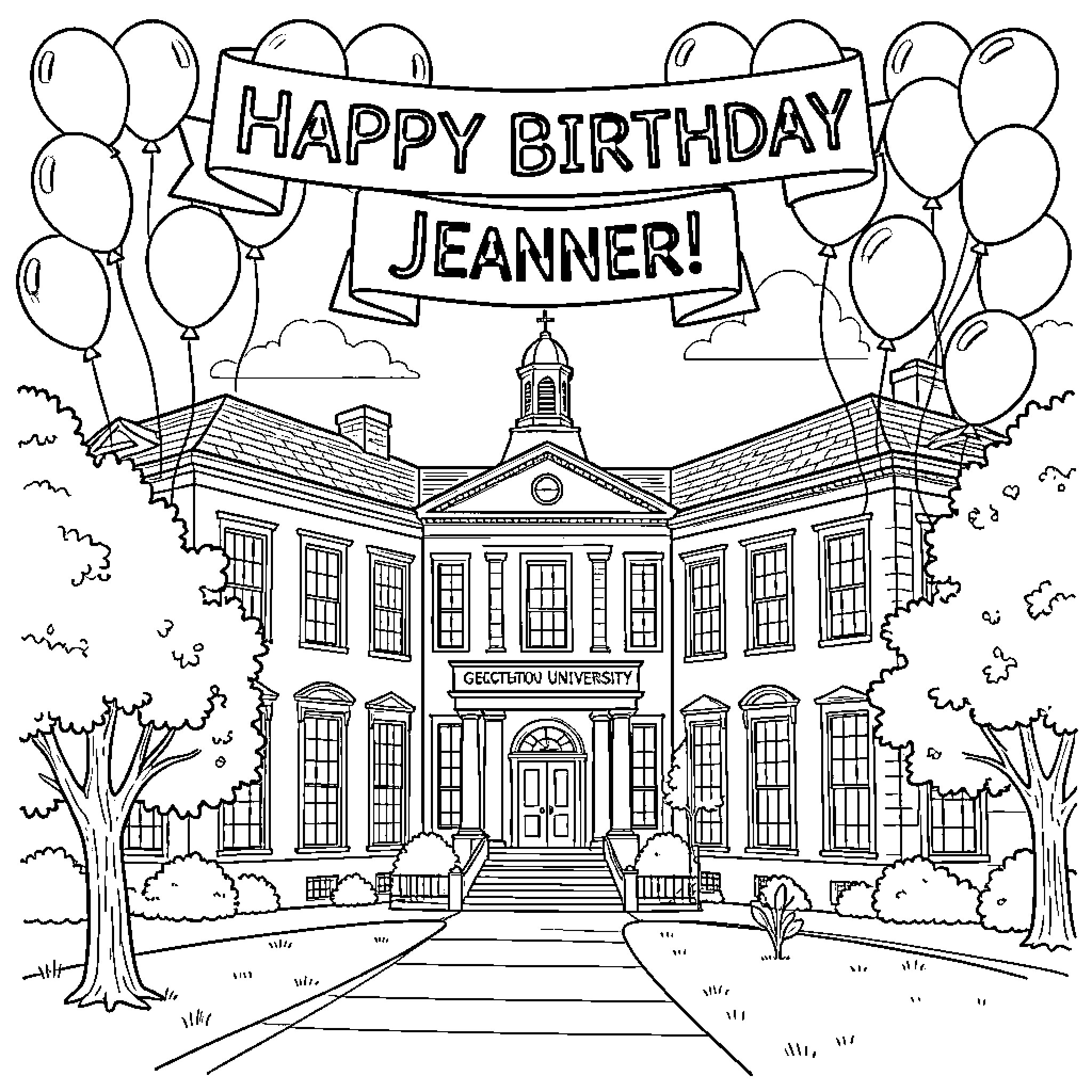 Georgetown University birthday celebration Coloring Page (free black-and-white line drawing printable PDF for all, from beginners to advanced learners, including children, teens, adults, and seniors)