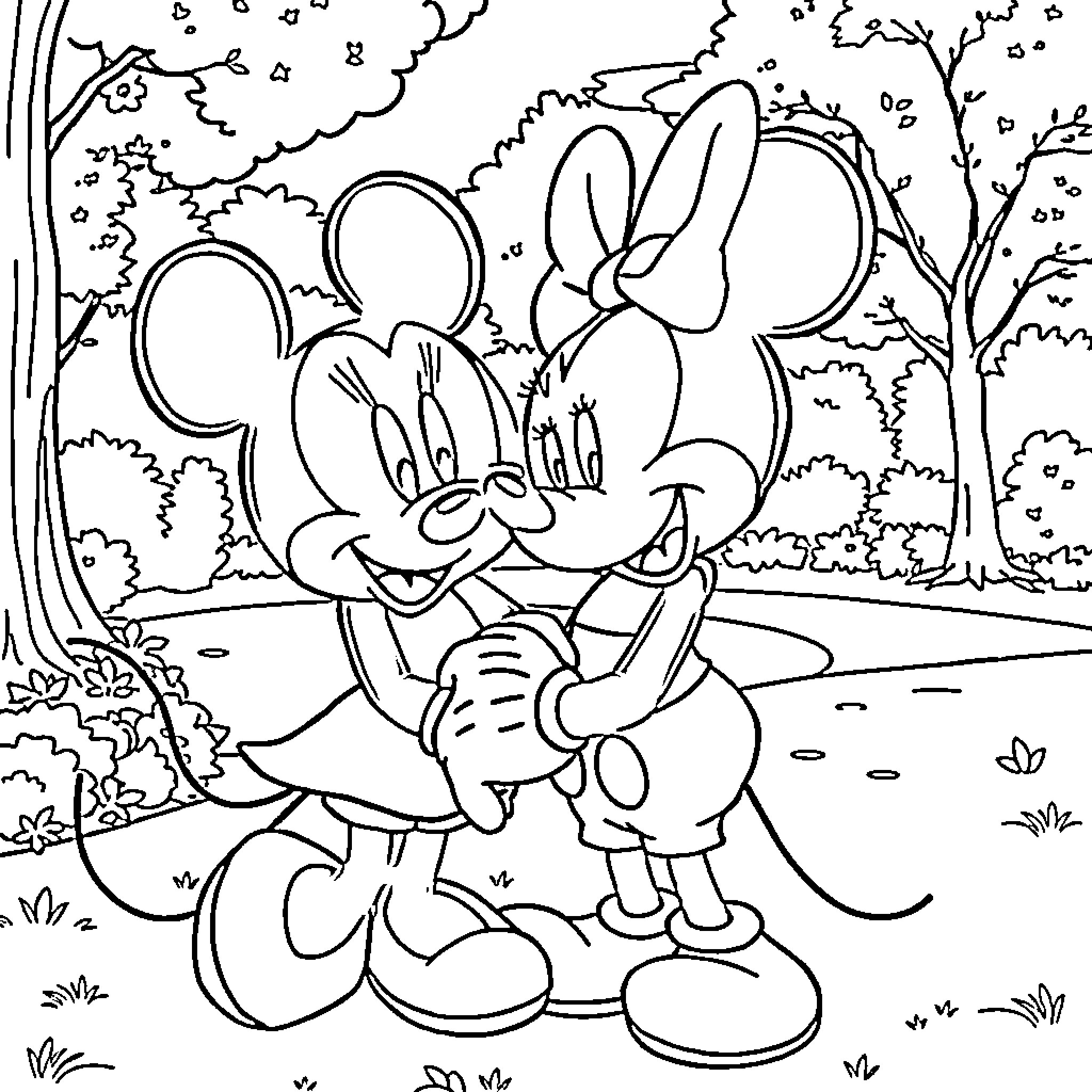 Mickey Mouse and Minnie Mouse in a romantic nature scene Coloring Page (free black-and-white line drawing printable PDF for all, from beginners to advanced learners, including children, teens, adults, and seniors)