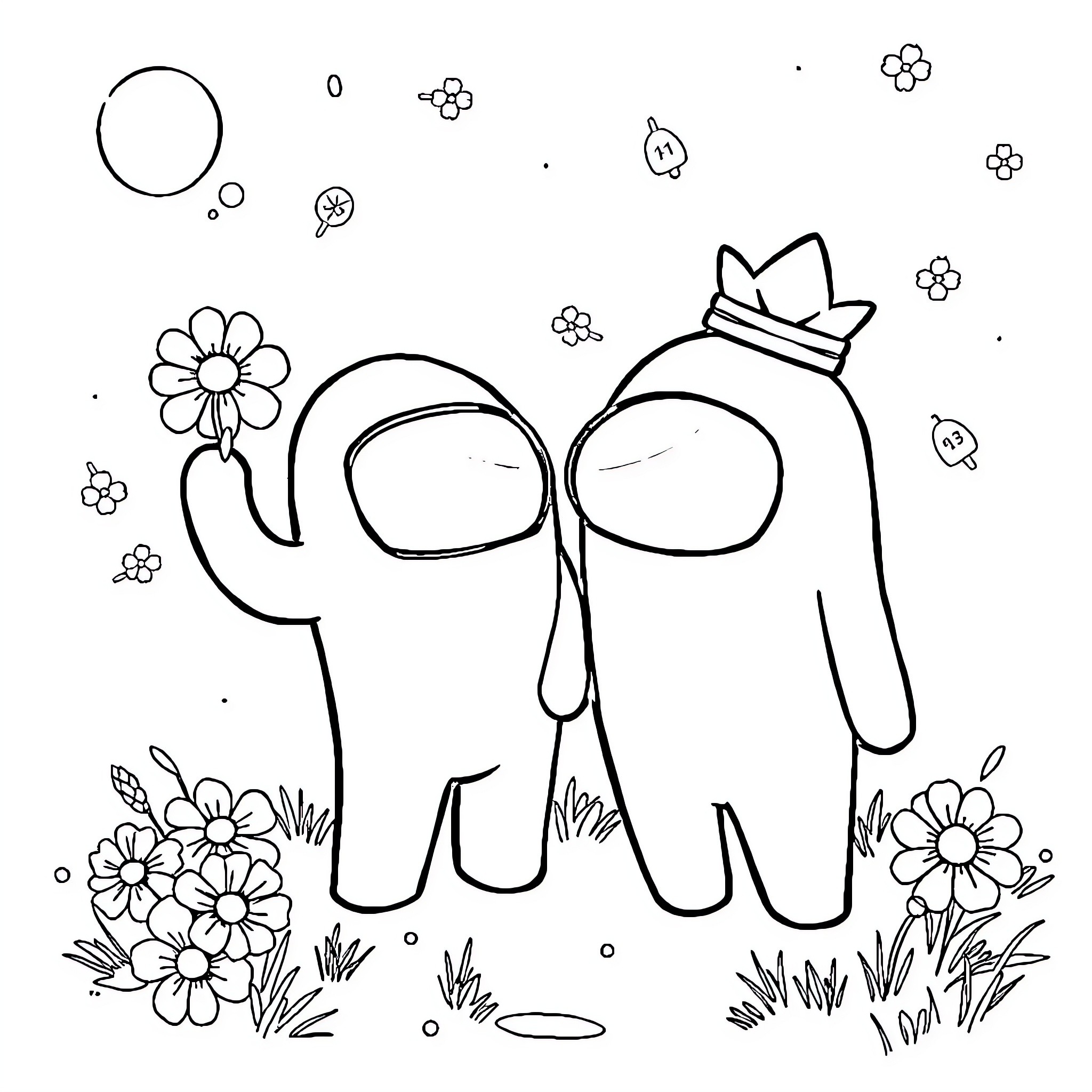 Among Us Characters Enjoying Flowers in Nature Coloring Page (free black-and-white line drawing printable PDF for all, from beginners to advanced learners, including children, teens, adults, and seniors)