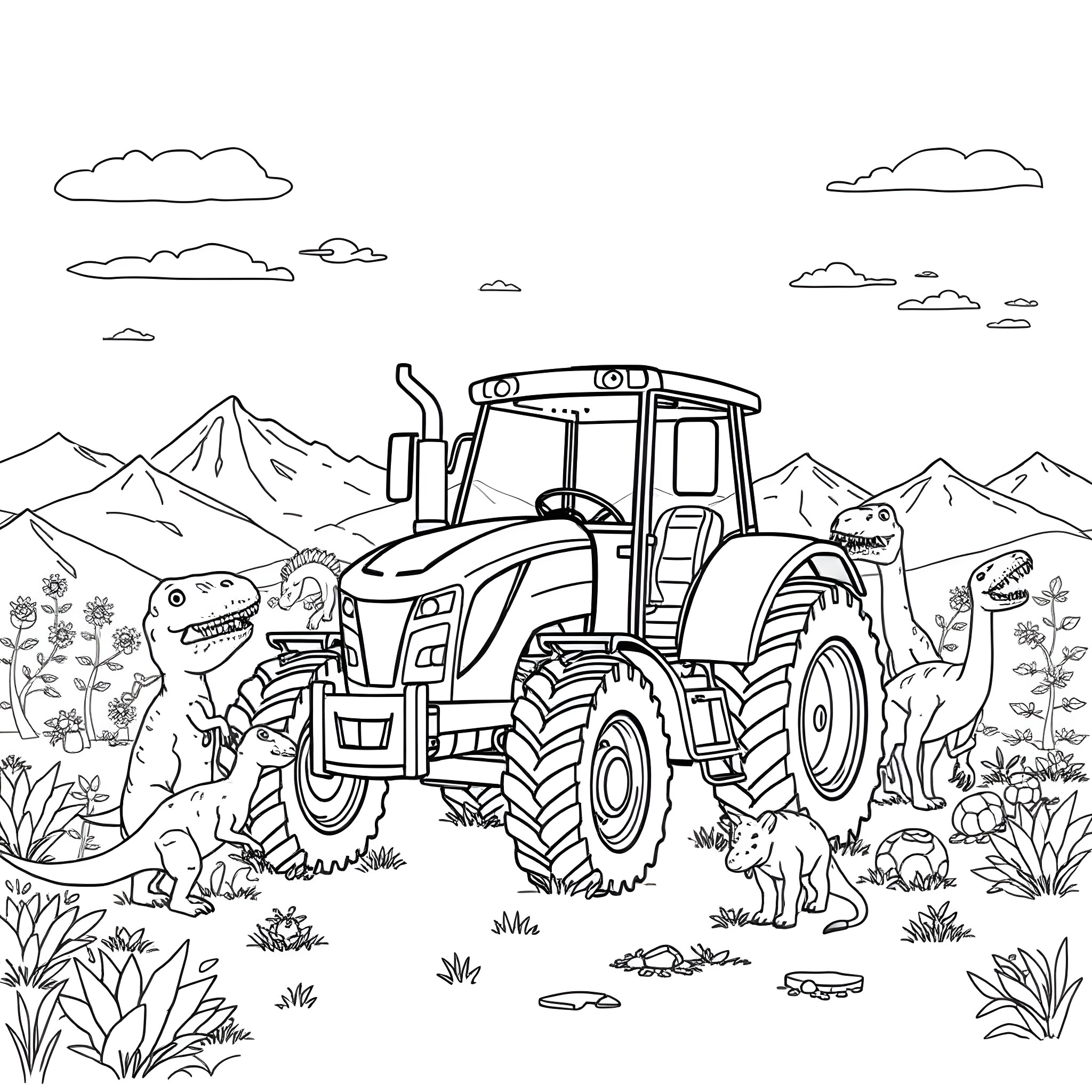 Tractor operating in the countryside with dinosaurs Coloring Page (free black-and-white line drawing printable PDF for all, from beginners to advanced learners, including children, teens, adults, and seniors)